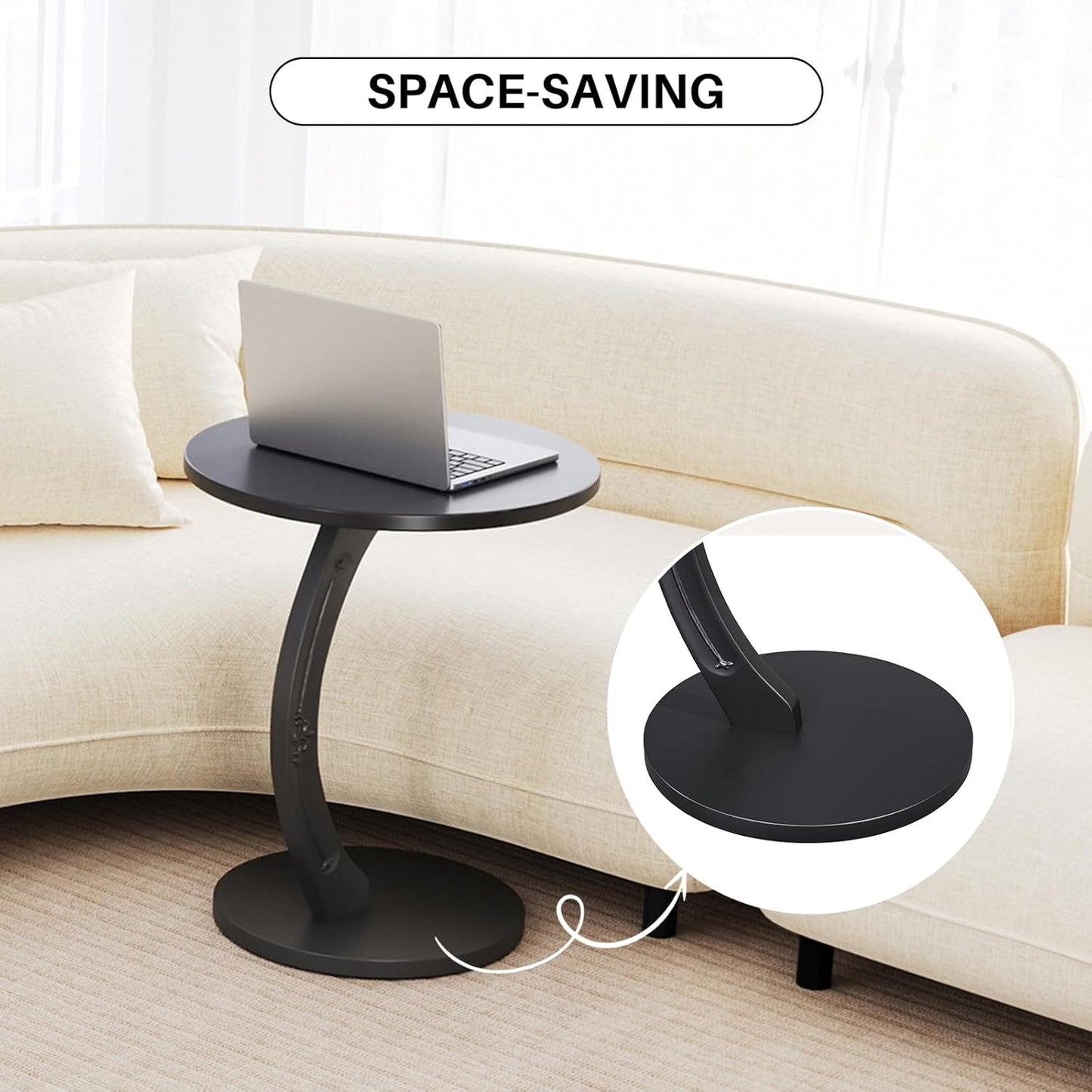 Uniclinens C-Shaped Solid Wood Round End Table - Side Table for Couch, Sofa Tables Slide Under Couch for Living Room, Small Nightstand for Small Space, Black