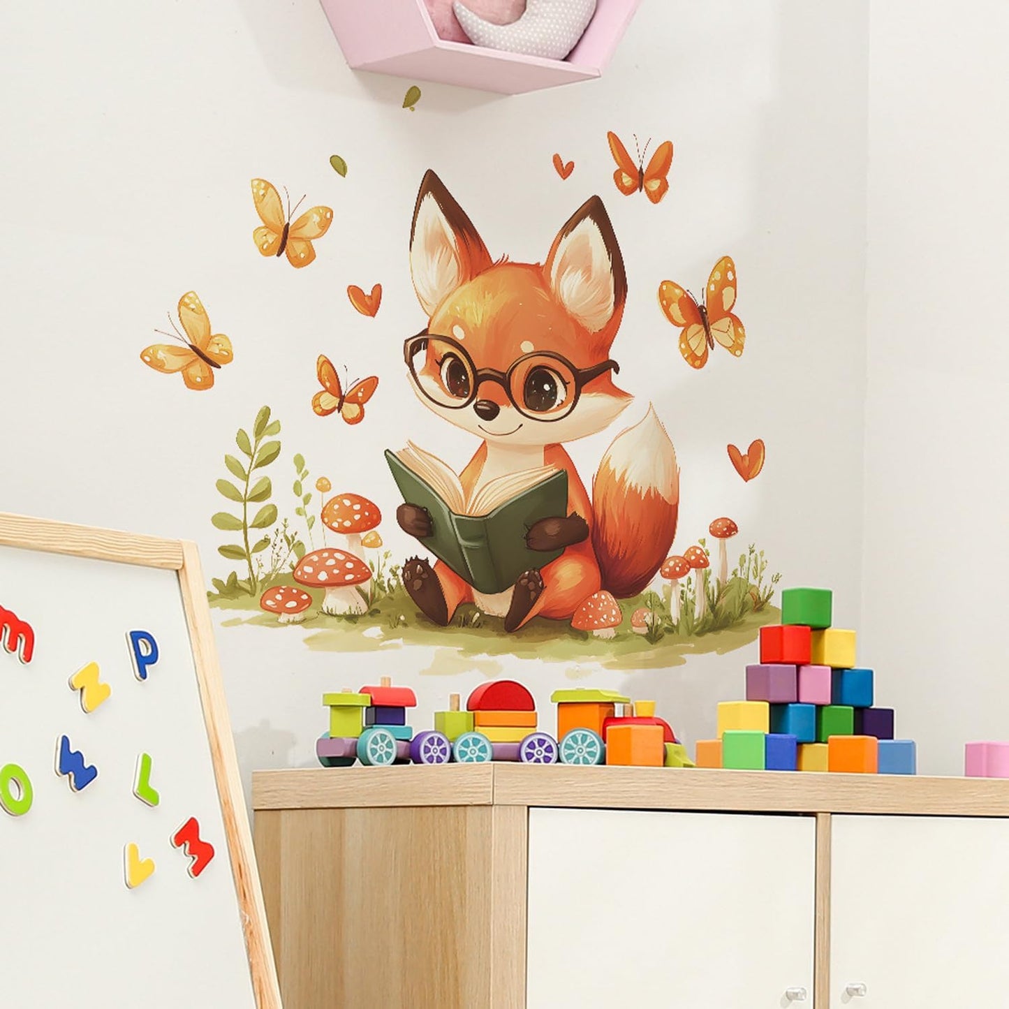 Woodland Fox Reading Wall Decal, Kids Room Nursery Decor with Butterflies and Mushrooms, 11.8 x 23.6 inches