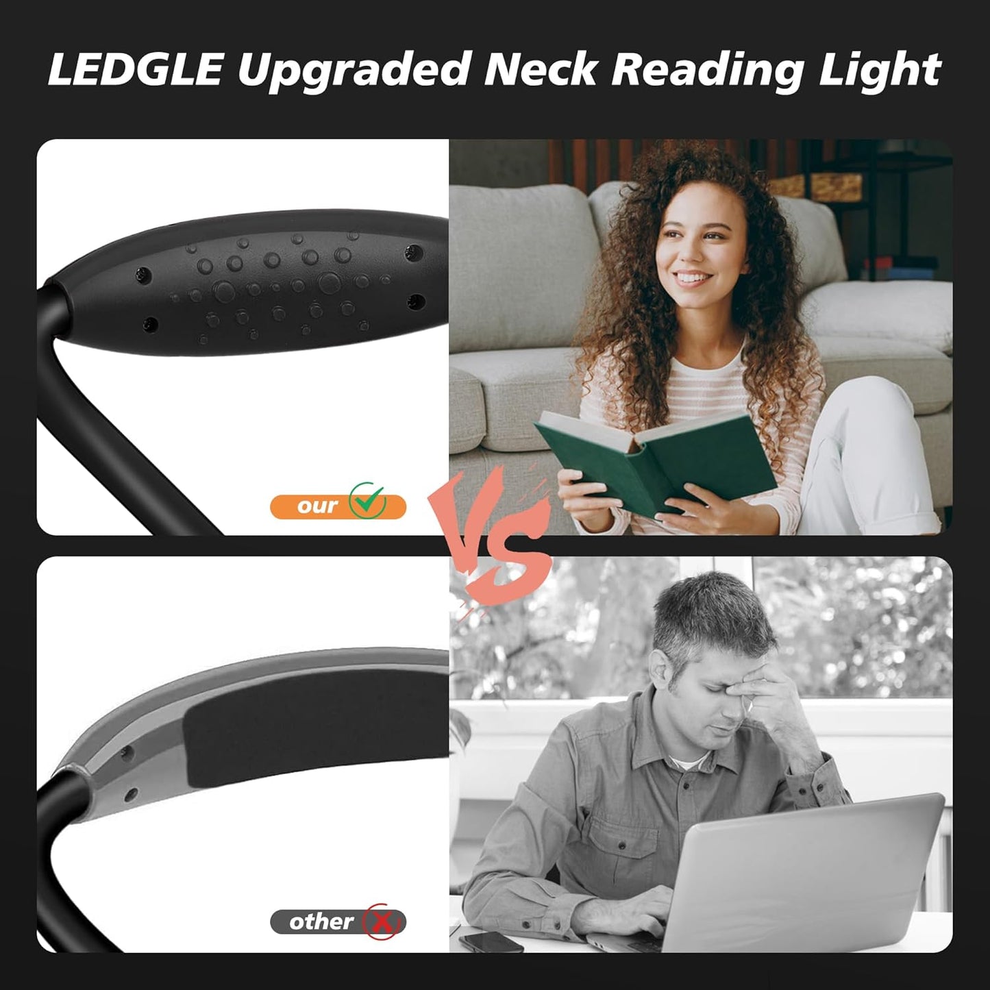 LEDGLE Updated Neck Light for Reading Books in Bed, LED Neck Lamp for Knitting with 1600K 3500K 6000KLighting + Flexible Comfortable Soft Silicone Arms, Perfect for Craft, Knitting, Repairing (Black)