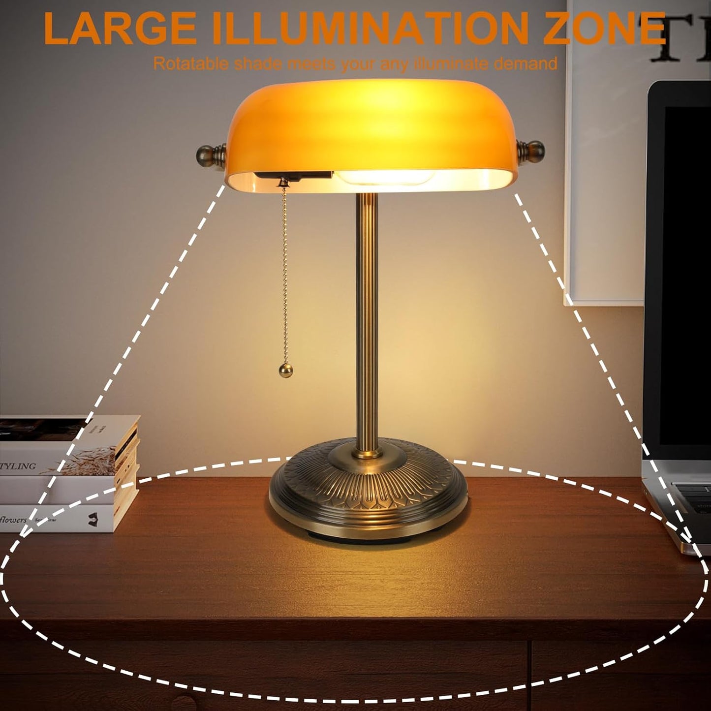 NISSAFORS Bankers Desk Lamp, Amber Glass Shade, Vintage Desk Lamp with Pull Chain Switch, Retro Table Lamps for Home Office (Brass+Amber, Small)
