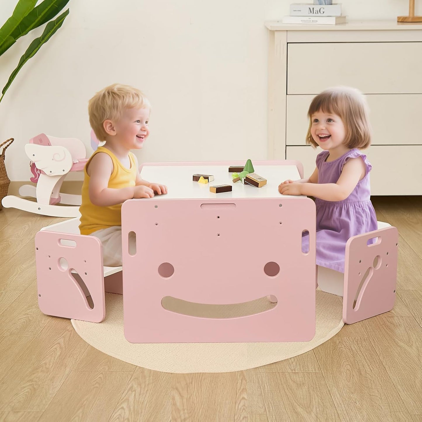 FUNLIO Height Adjustable Montessori Weaning Table and Chair Set for Age 1-3, Quality Solid Wood Toddler Table and 2 Chairs, Kids Table and Chairs for Reading/Eating/Playing,CPC Certified - Pink