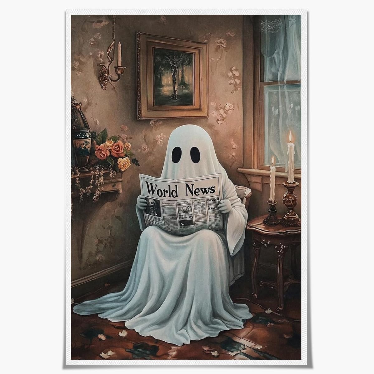 Dark Academia Halloween Ghost Canvas Wall Art Painting Vintage Spooky Ghost Reading Newspaper on Toilet Halloween Pictures Poster for Aesthetic Bathroom Room Wall Decor 08x10inch Unframed