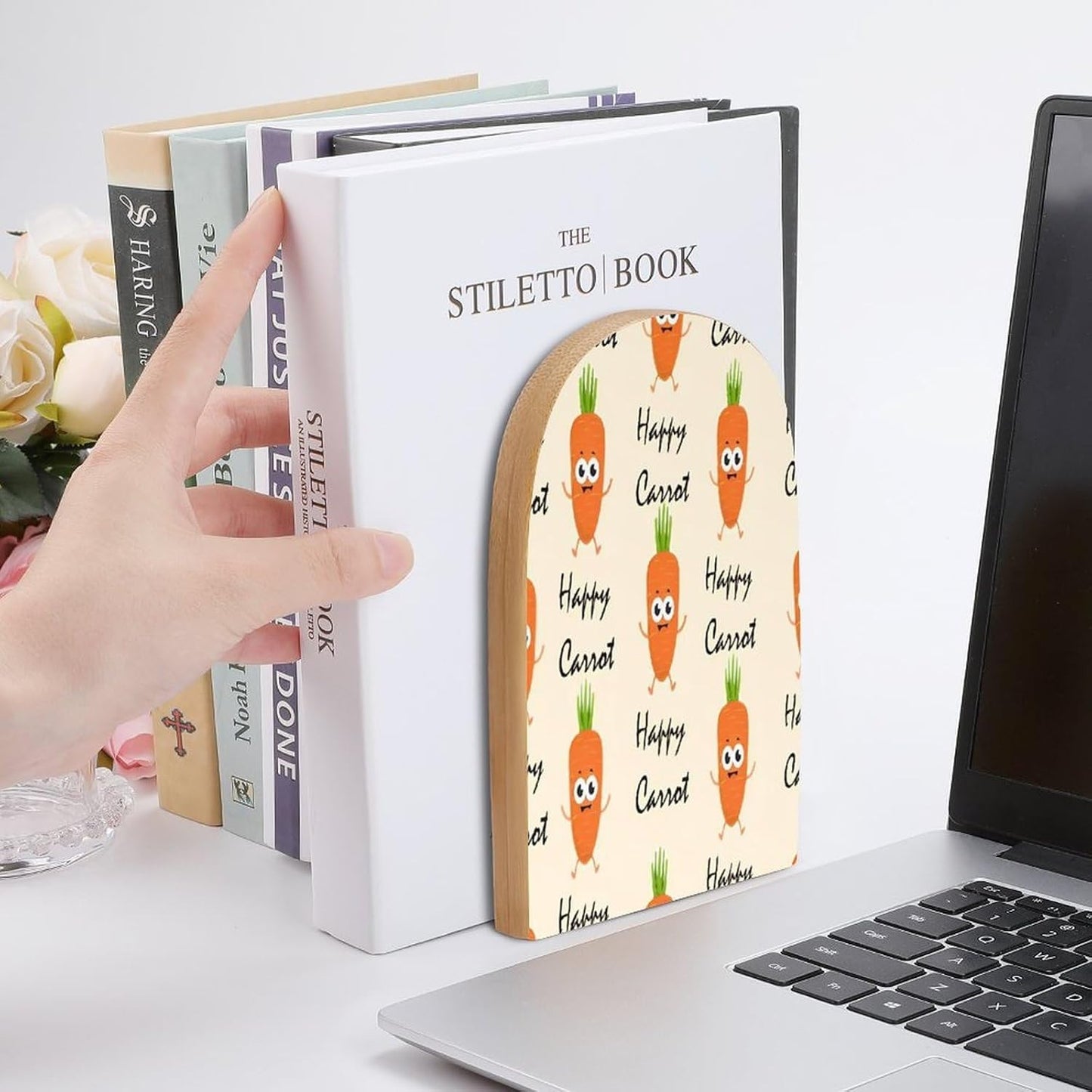 Happy Carrot Wooden Bookend Non-Slip Book Ends Heavy Duty Book Stopper with Metal Base Books Holderd Decorative Bookends Stands Firmly for Office Supplies