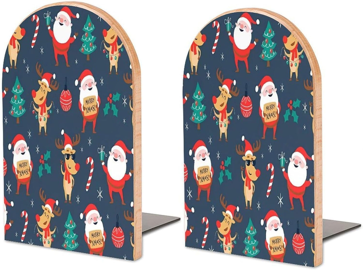 Santa Claus Christmas Wooden Bookend Non-Slip Book Ends Heavy Duty Book Stopper with Metal Base Books Holderd Decorative Bookends Stands Firmly for Office Supplies