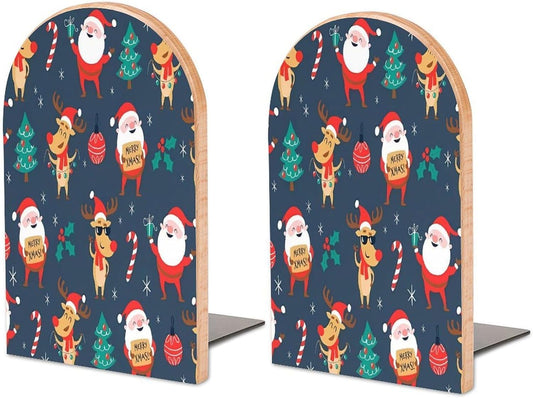 Santa Claus Christmas Wooden Bookend Non-Slip Book Ends Heavy Duty Book Stopper with Metal Base Books Holderd Decorative Bookends Stands Firmly for Office Supplies
