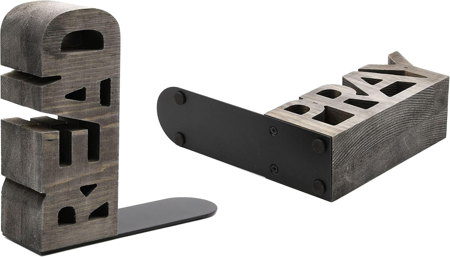 OwlGift Rustic Gray Wood Read & Pray Block Word Bookends, Unique Appearance Design, Home Office Decorative Book Stand, 1 Pair