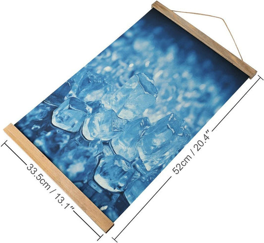 Vintage Blue Ice Cube Background Poster with Wooden Frame Personalized Linen Hanging Scroll Painting Rustic Wall Hanging Illustrative Modern Artwork Decor for Home Living Room Bedroom Office