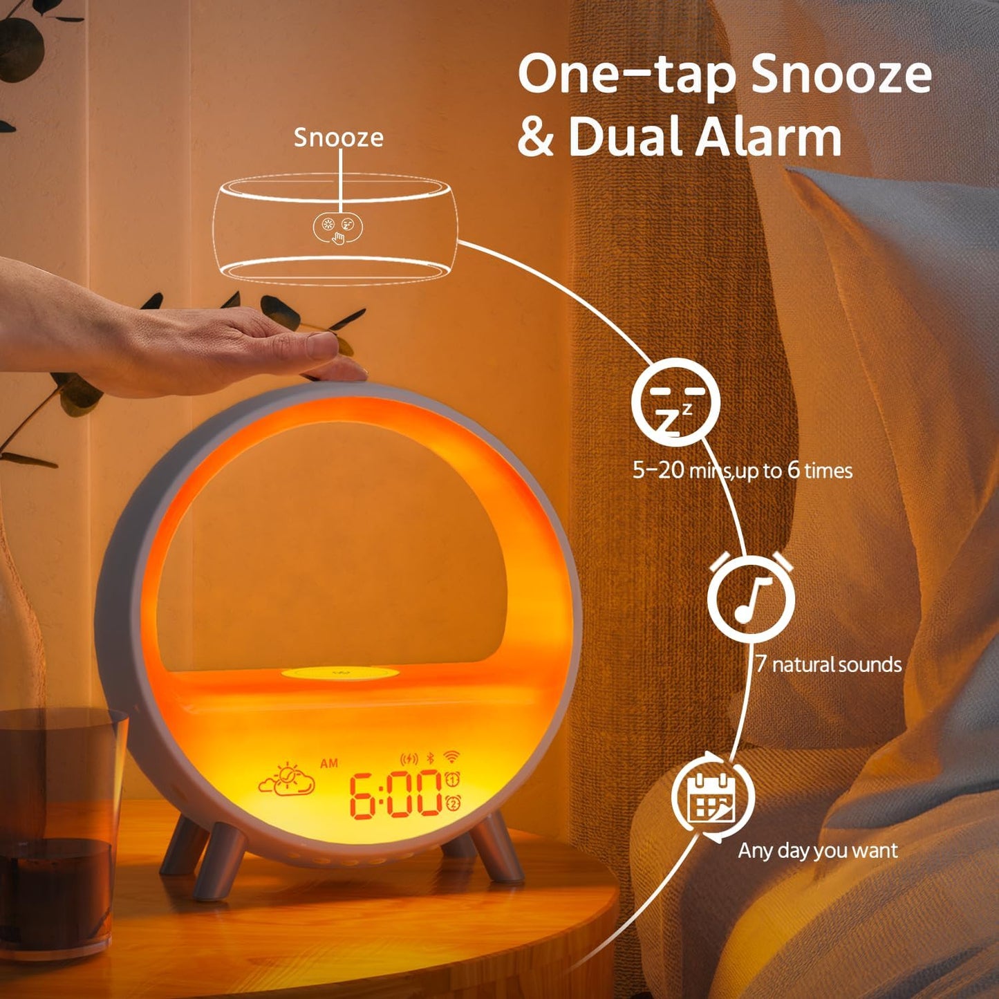 MOMILLA Sunrise Alarm Clock with Wireless Charging & Bluetooth Speaker, Compatible with Airpods/iPhone, Smart APP Control, Sound Machine, Night Light Bedrooms, Alarm Clocks for Heavy Sleepers Adults