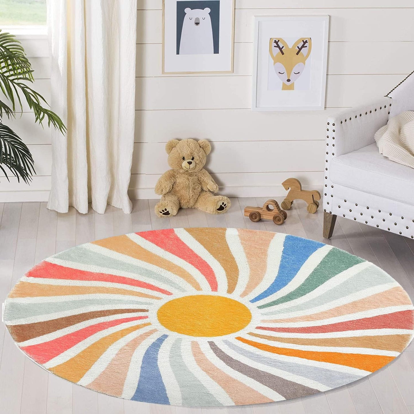 LIULA Sun Rainbow Round Rug,Colorful Boho Kids Rug Ultra Soft Washable Nursery Rug for Bedroom Perschool Classroom,4' Round