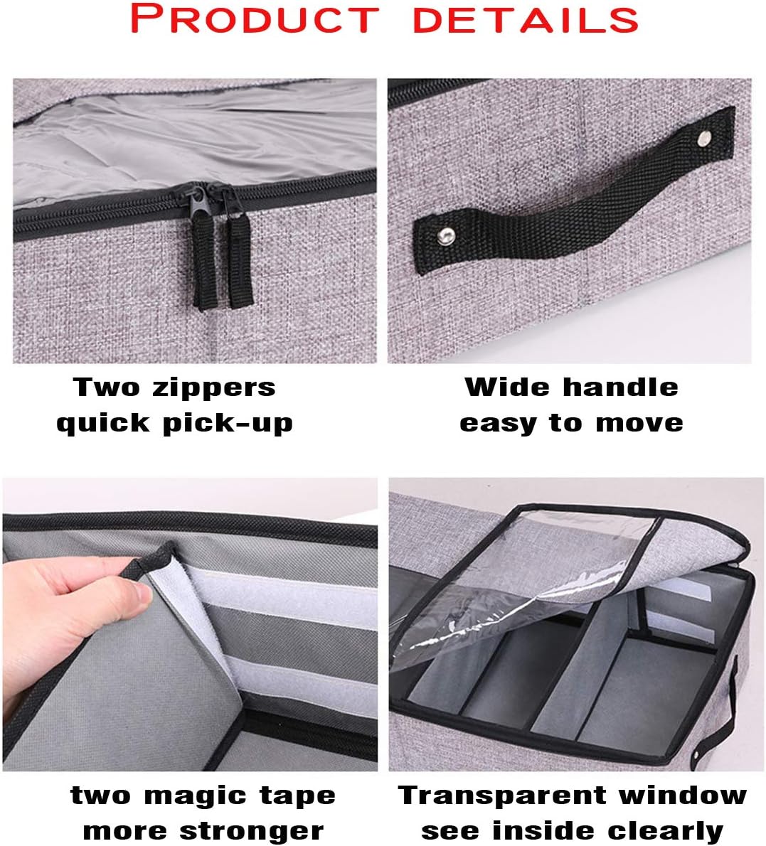 AARAINBOW 2 Packs Foldable Under Bed Clothes Organizer with Lids, Underbed Storage Container with Adjustable Dividers, UnderBed Storage Bins with Handles and Clear Window (Gray+Light Gray)