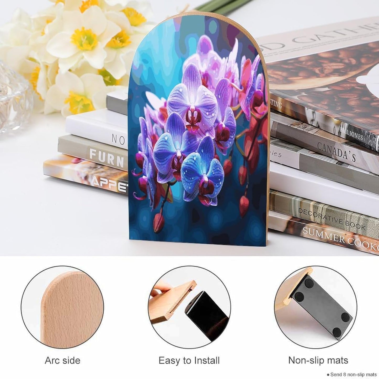 Colorful Orchids Flower Bookends 1 Pair Heavy Duty Book Ends for Shelves Non-Skid Bookend Supports Wooden Book Holders with Metal Base Desk Organizers Books Storage to Hold Books