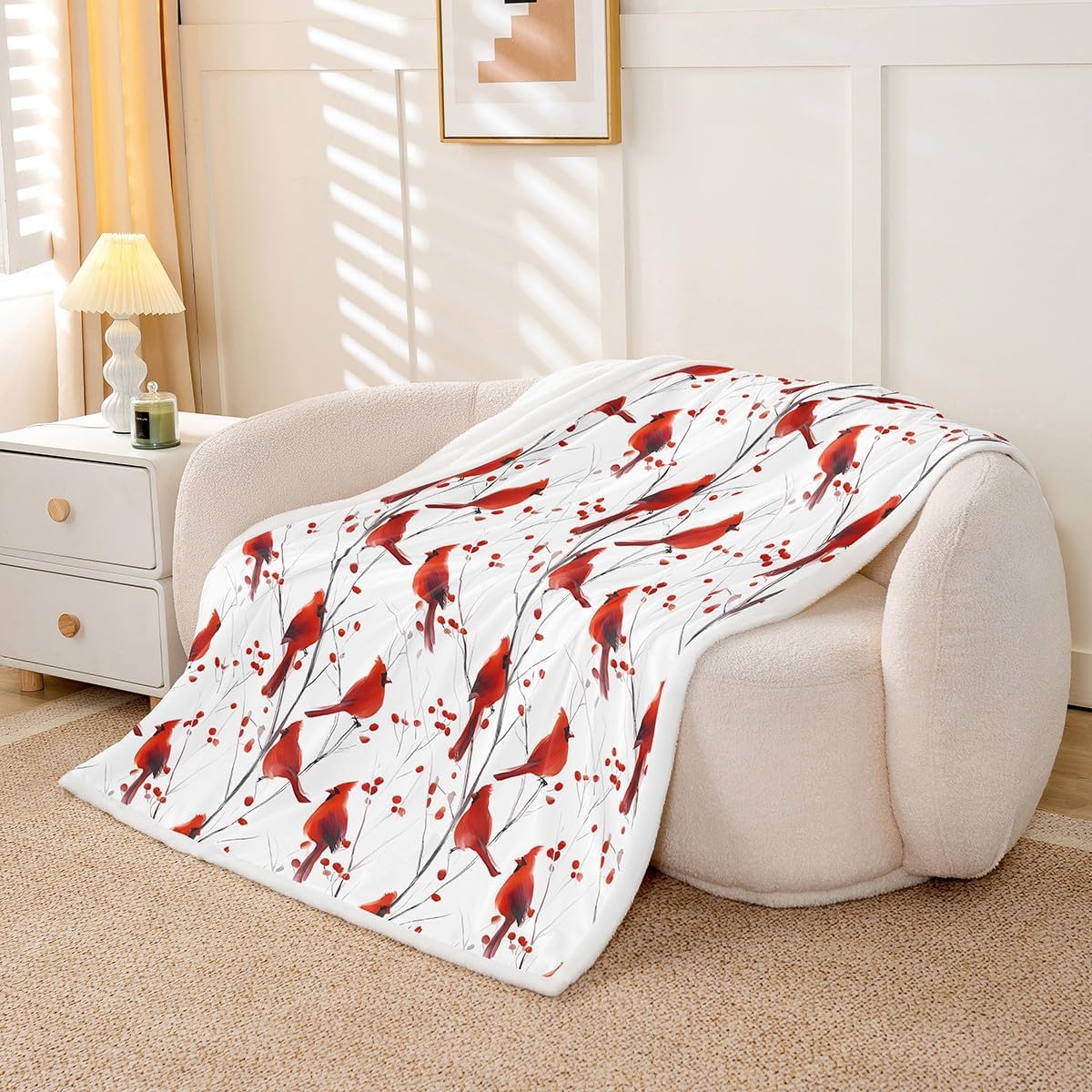 Feelyou Berries and Cardinals Pattern Printed Sherpa Throw Blanket for Couch Red Cardinal Super Soft Cozy Fleece Christmas Blanket for Winter,Plush Throw Bird Print Throw 50"x60" Animal All Season