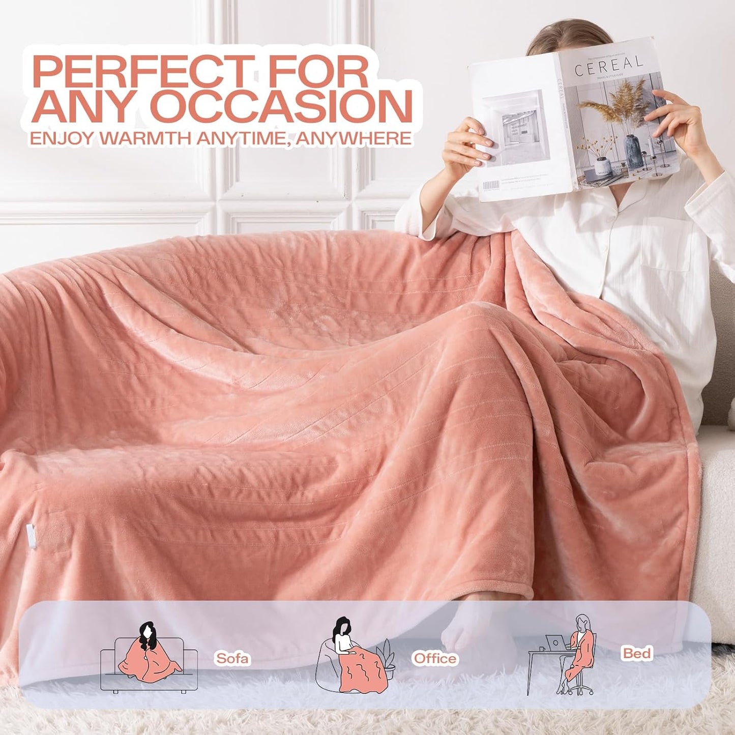 Electric Blanket Heated Throw, 50" x 60" Heated Blanket with 8 Heat Levels & 8 Hours Auto Off, Fast Heating Blankets Machine Washable with ETL Certification, Pink