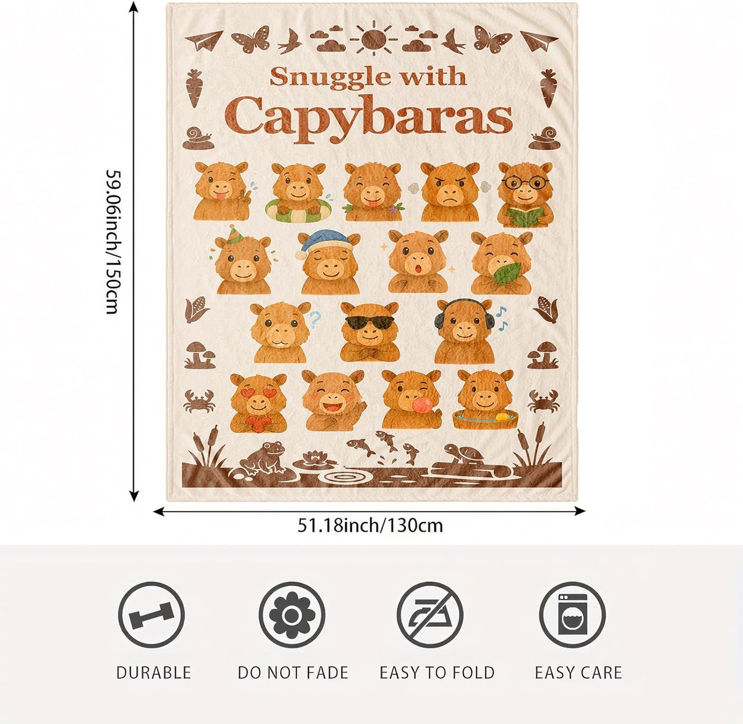 Capybara Throw Blanket Gift — Cute Kawaii Cartoon Capybara, Cozy Decor for Kids, Teens & Women, Birthday Christmas Mother's Day, Couch Bed Travel Comfort, Size 50'' x 60''