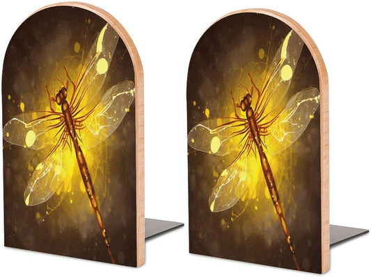 Abstract Yellow Dragonfly Bookend for Shelves Wooden Book End Large Size Sturdy Book Holders Stoppers with Metal Base for Bookshelves Slick Decorative Bookends Stands