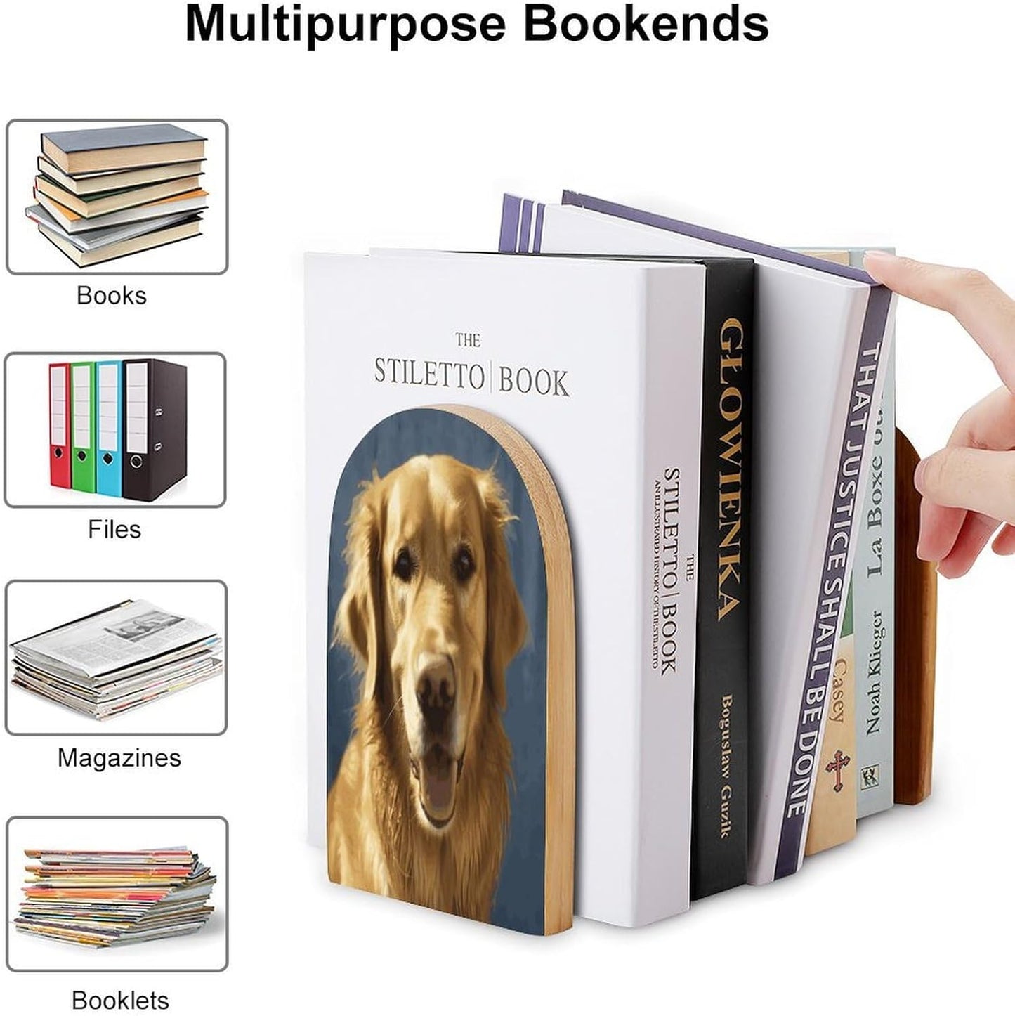 Non-Slip Bookend for Shelves Golden Dog Wooden Bookends with Metal Base Decorative Book Stopper for Home Heavy Duty Wood Book Storage for Books/CDs