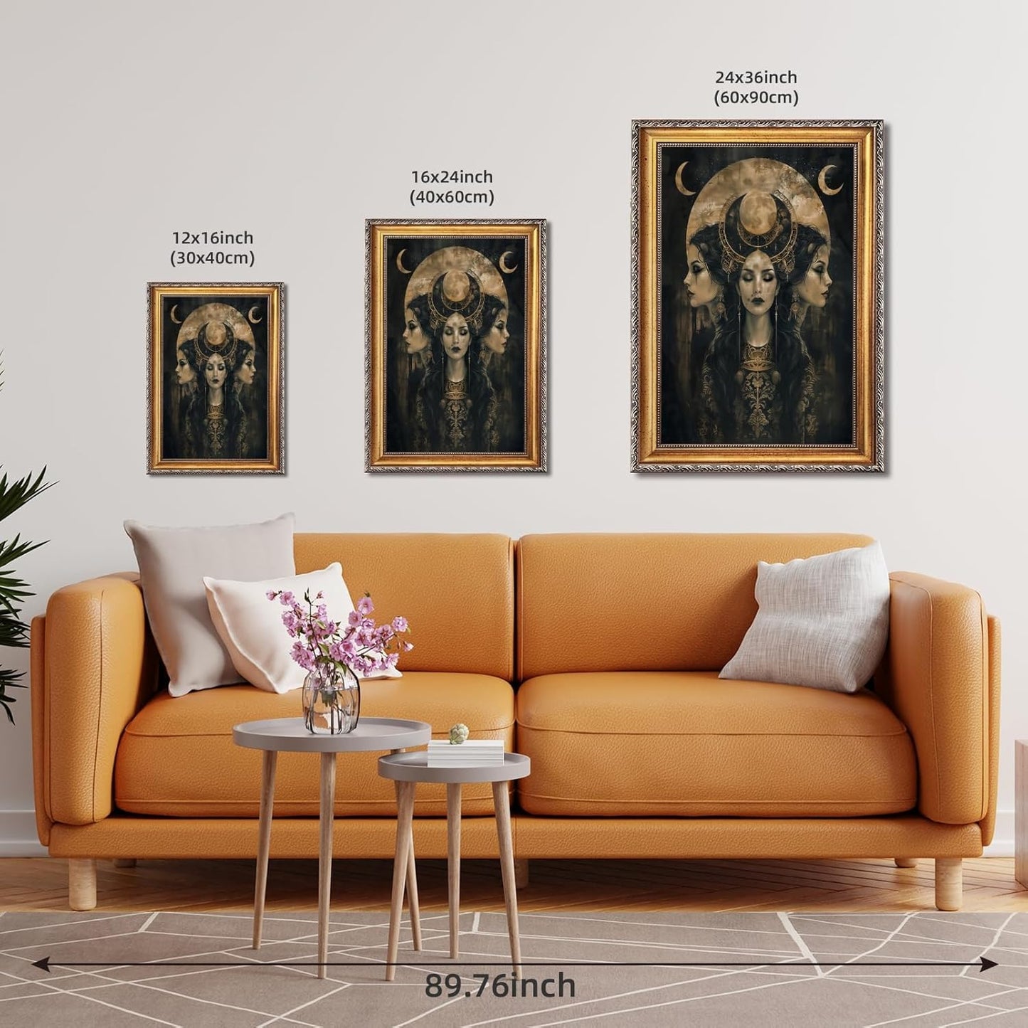 Dark Academia Wall Art Vintage Witch Moon Goddess Hecate Horror Canvas Print Gothic Victorian Mystical Artwork Celestial Pagan Decor Poster for Bedroom Living Room 12x16inch Retro Gold Frame