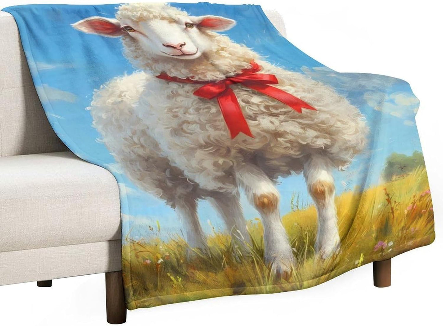Sheep on A Grassy Field Throw Blanket for Couch Bed Plush Cozy Fuzzy Flannel Blanket for All Season 66"x90"