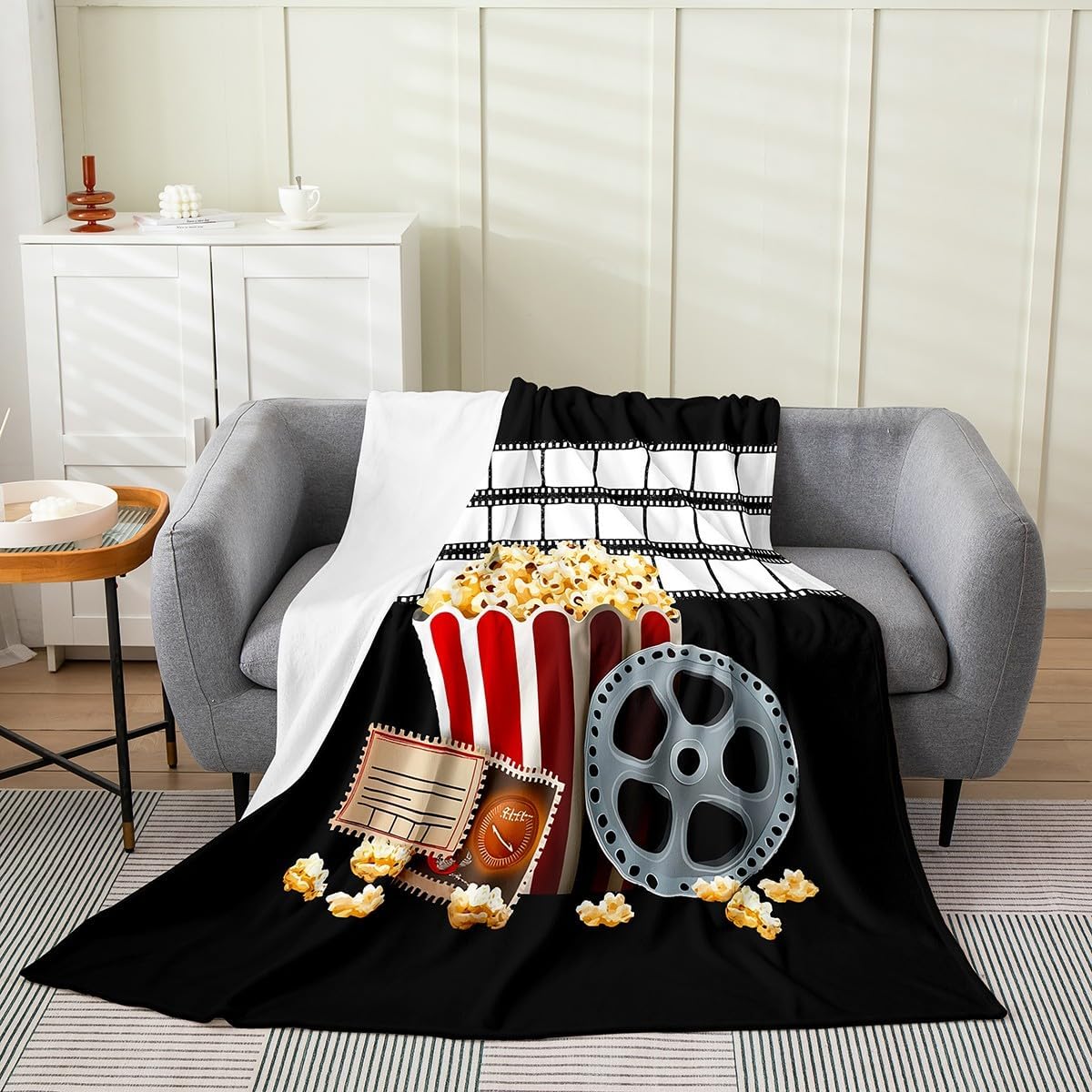 Movie Theater Fleece Blanket Retro Popcorn Clapper Throw Blanket for Couch Bed Film Decor Cinema Snack Pop Corn Fuzzy Blanket Vintage Style Plush Bed Blanket, 40"x50" for Home Bedroom Sofa Bed