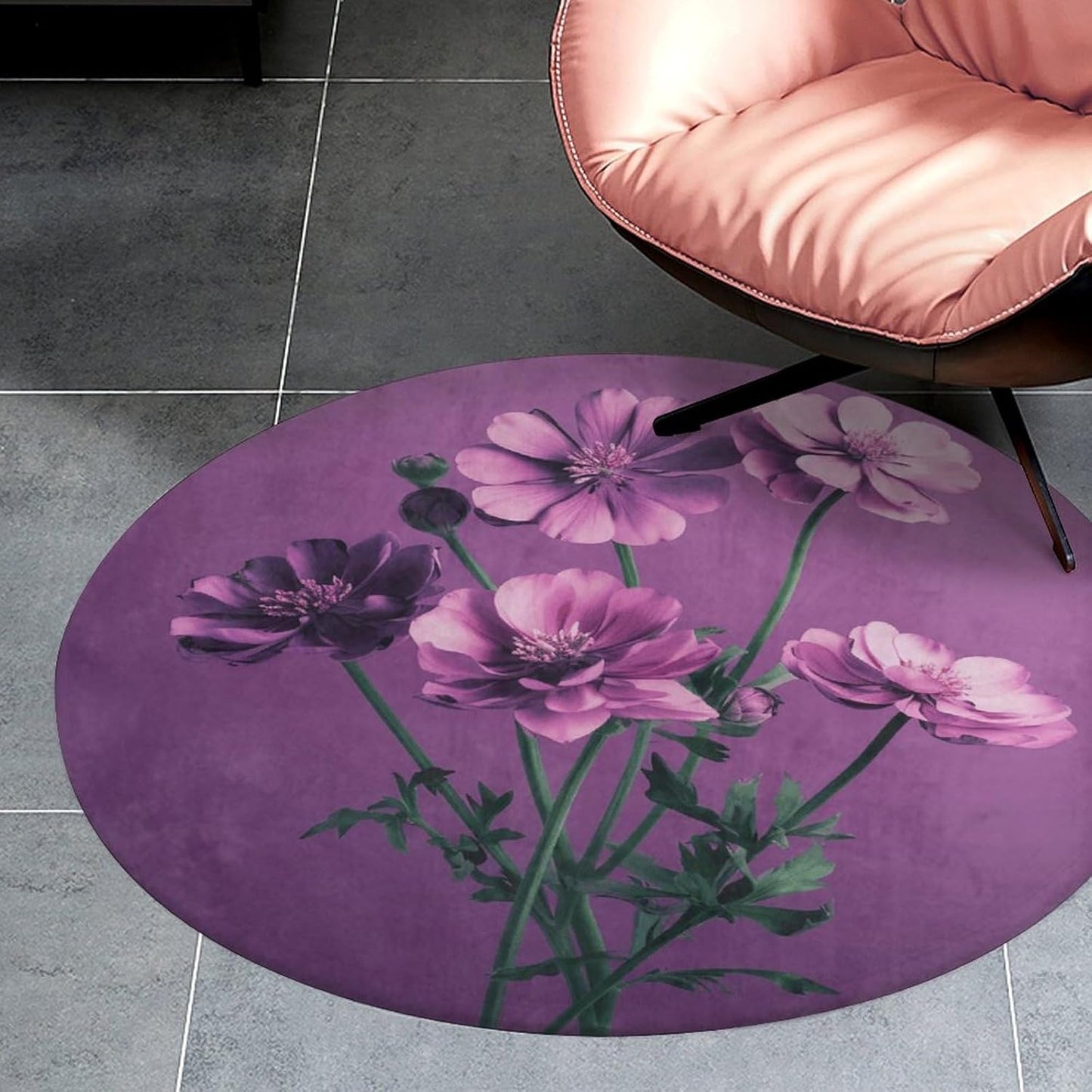 Beautiful Purple Flowers Circle Rug Retro Luxury Coral Velvet Floor Mat Non Slip Soft Indoor Floor Carpet Comfy Thickened Area Rugs Modern Aesthetic Minimalist Carpets for Home Decor