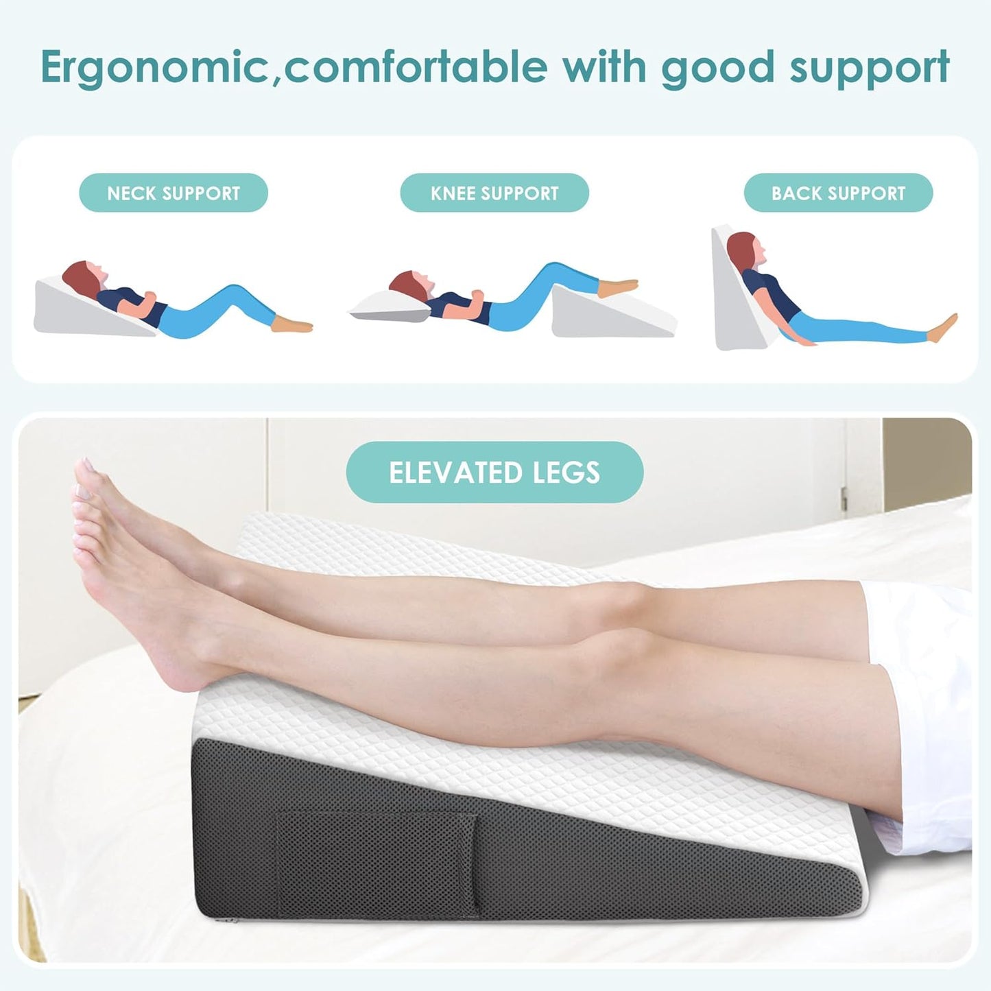 Cozymaker 7.5" Bed Wedge Pillow for Sleeping After Surgery, Back Support, Leg Elevation, Gerd Acid Reflux, Neck Pain, Snoring, Cooling Memory Foam Triangle Incline Wedge, Removable Washable Cover