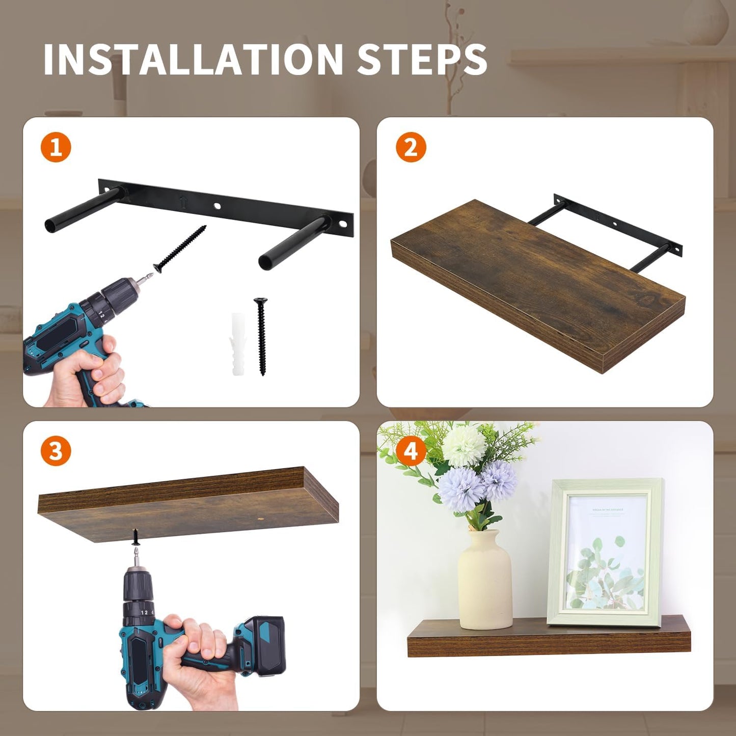 Floating Shelves for Wall, Wall Mounted Rustic Wood Shelves for Bathroom, Bedroom, Living Room, Kitchen, Hanging Shelf for Books/Storage/Room (Brown Wood Grain, 15.8")
