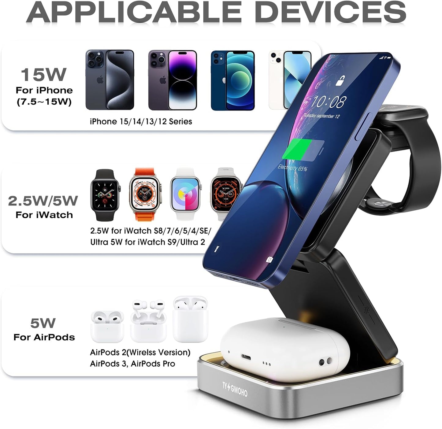 Portable 3 in1 Magsafe Wireless Charger Station for Apple iPhone, Multiple Devices, Foldable Travel Charging Stations, Magnetic Fast Charger with Light for iPhone 12-16 Series for Apple Watch & Airpod