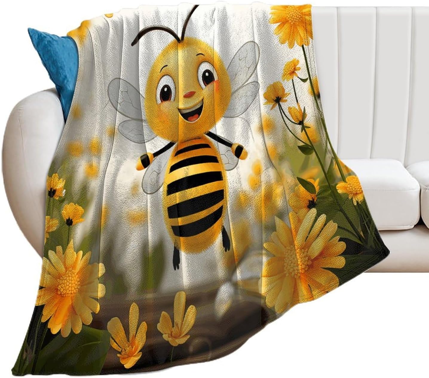 Cute Bees Daisy Flower Throw Blanket for Couch Super Soft Warm Lightweight Throw Blankets Cozy Flannel Bed Blanket Cute Decorative Blankets for All Seasons Home Decor Gift 50"*60"（130 * 150cm）