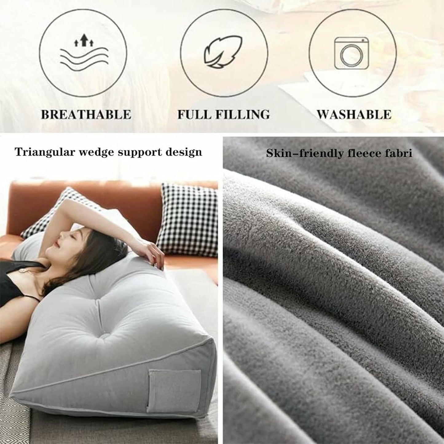 Soft Reading Bed Rest Pillow Large Bolster Cushion Headboard Backrest Triangular Wedge Pillow Neck & Lumbar Support for Dorm Room Daybed Full Size~/