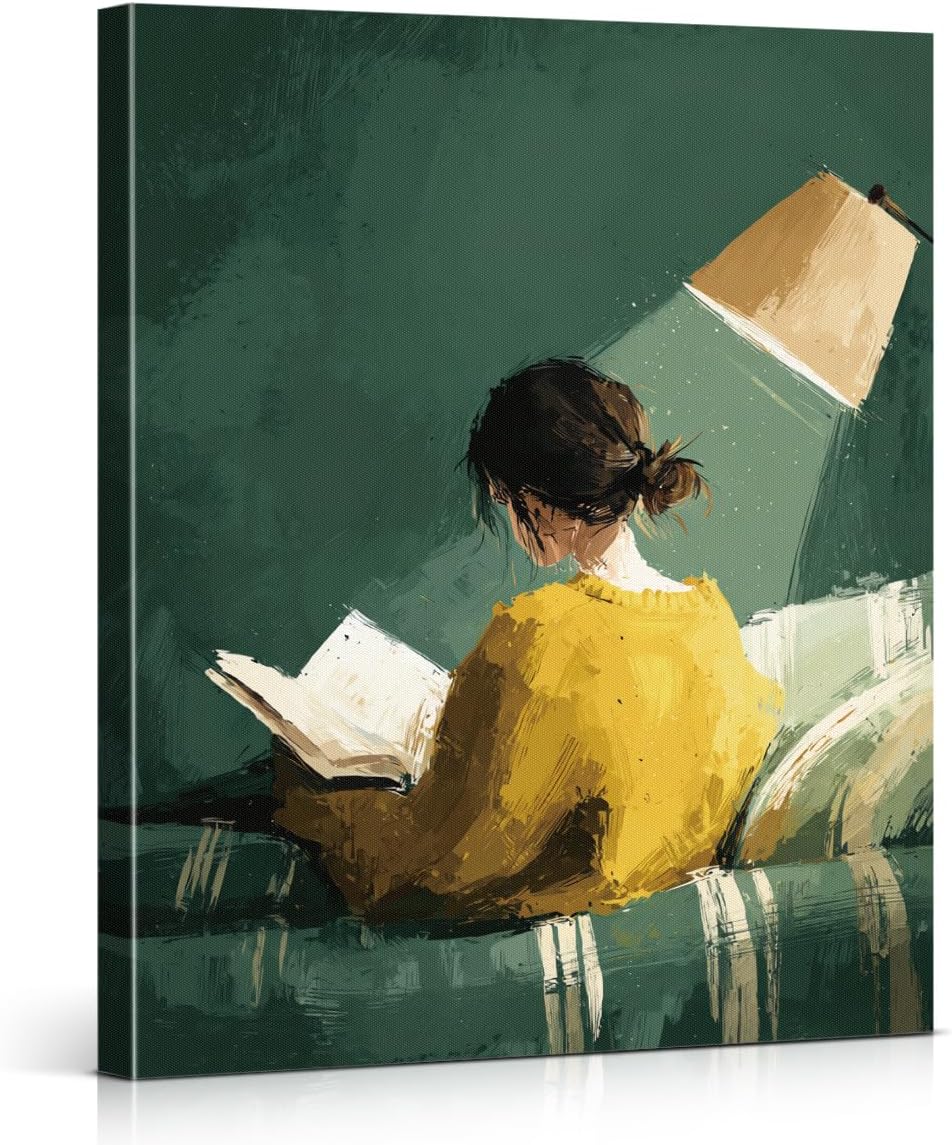 Vintage Reading Woman Canvas Wall Art Print Woman Green Striped Picture Painting Artwork Green Wall Decor for Home Living Room Reading Room 8x10 Framed