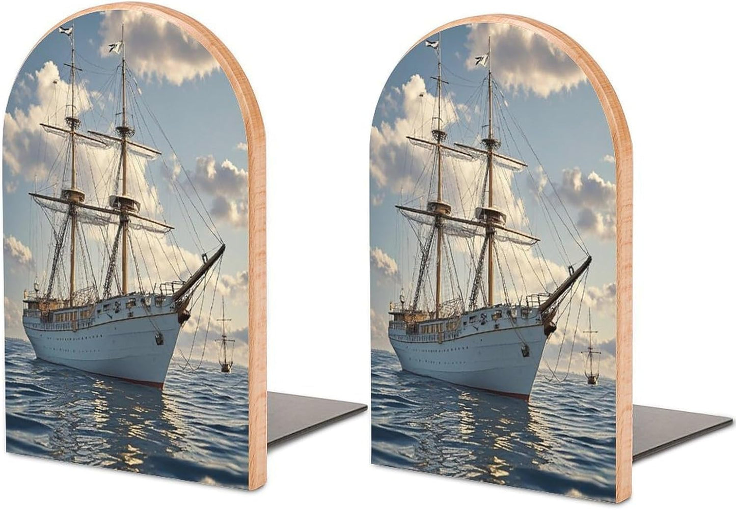 Vintage Nautical White Ship Bookends 1 Pair Heavy Duty Book Ends for Shelves Non-Skid Bookend Supports Wooden Book Holders with Metal Base Desk Organizers Books Storage to Hold Books
