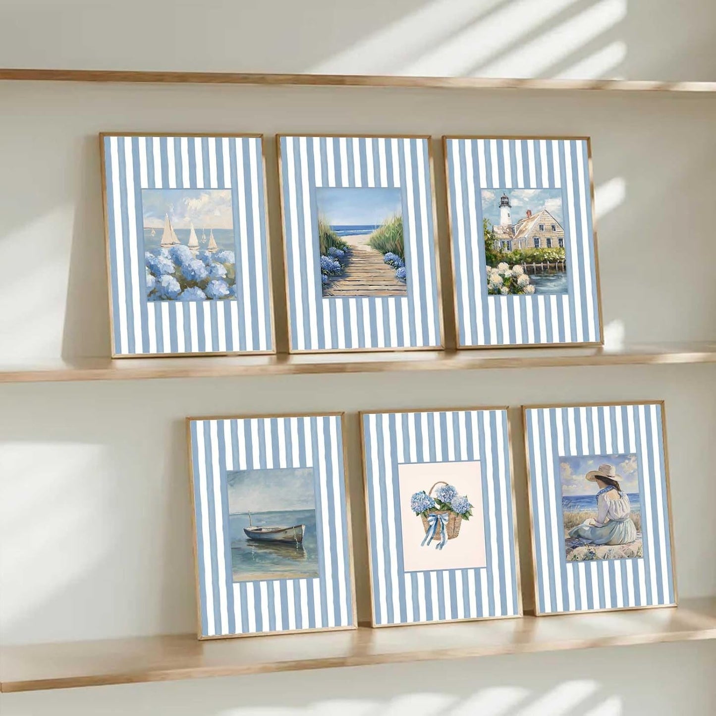 6Pcs Coastal Granddaughter Wall Art Prints Blue Stripe Hydrangea Beachy Wall Decor Pictures Summer Beach House Preppy Aesthetic Posters for Girly Bedroom Dorm Apartment Home Decoration (blue, 10"L x 8"W, Unframed)