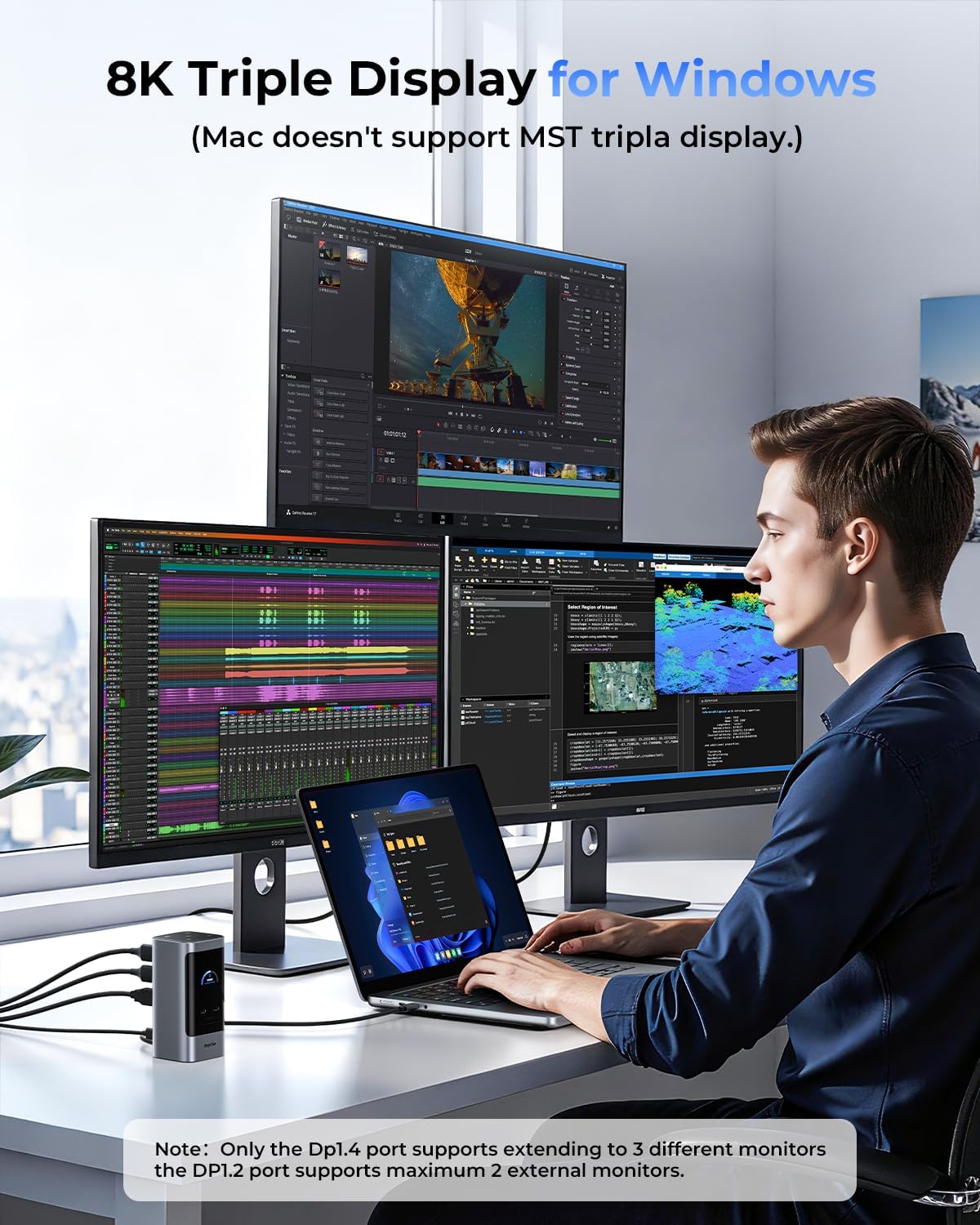 RayCue 15 in 1 Laptop Docking Station 3 Monitors, Triple 8K Display with 3 HDMI, 6 USB Ports, 5 Shortcut Button, Gigabit Ethernet, PD3.0, Smart Display for Windows/Dell/Lenovo/HP...(No Power Adapter)