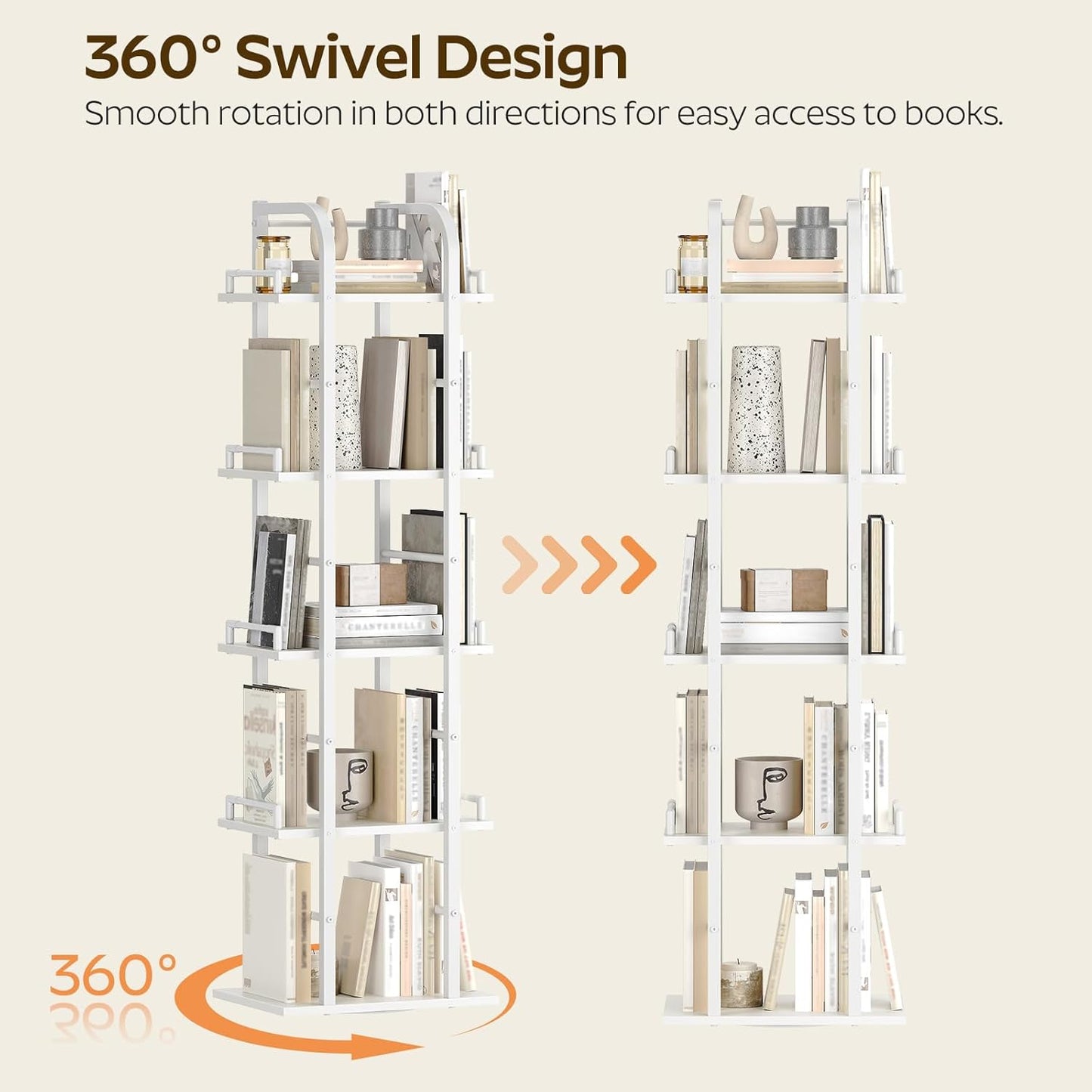 5 Tier Rotating Bookshelf, Freestanding Corner Bookshelf, 360 Spinning Bookcase Tower, Tall Industrial Style Organizer, Storage Shelf Bookcase for Living Room, Study, White SJ02WW