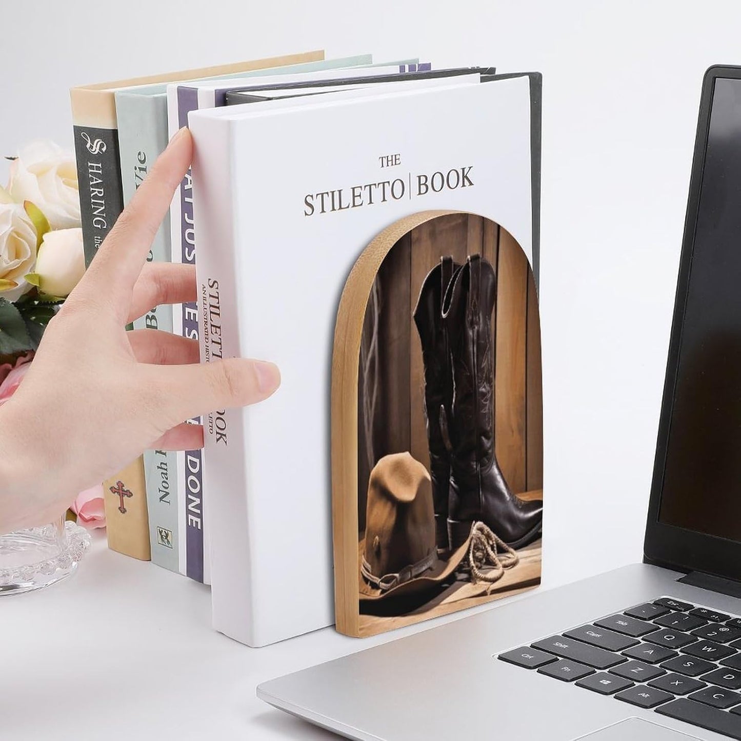 Cowboy Black Hat Western Boots Bookend for Shelves Wooden Book End Large Size Sturdy Book Holders Stoppers with Metal Base for Bookshelves Slick Decorative Bookends Stands