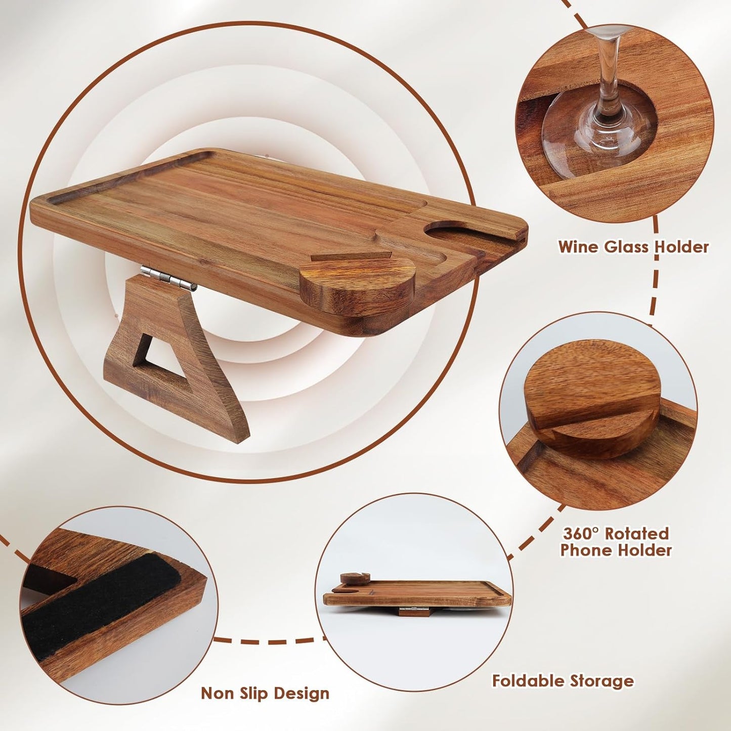 Comfoyar Couch Arm Tray, Acacia Wood Sofa Clip-On Couch Desk Tray with Wine Glass Holder, Foldable Armchair Table with Phone Holder, Food Desk for Drinks Snacks Eating Remote Control