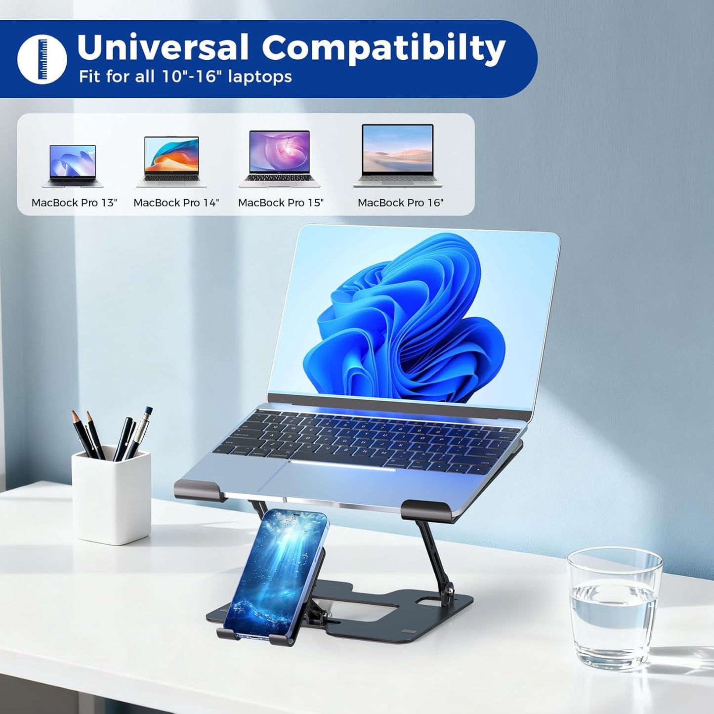 Ergonomic 2-in-1 Laptop Phone Stand for Desk, Adjustable Riser, Sturdy and Portable, Fits All Laptops and Phone (Black)