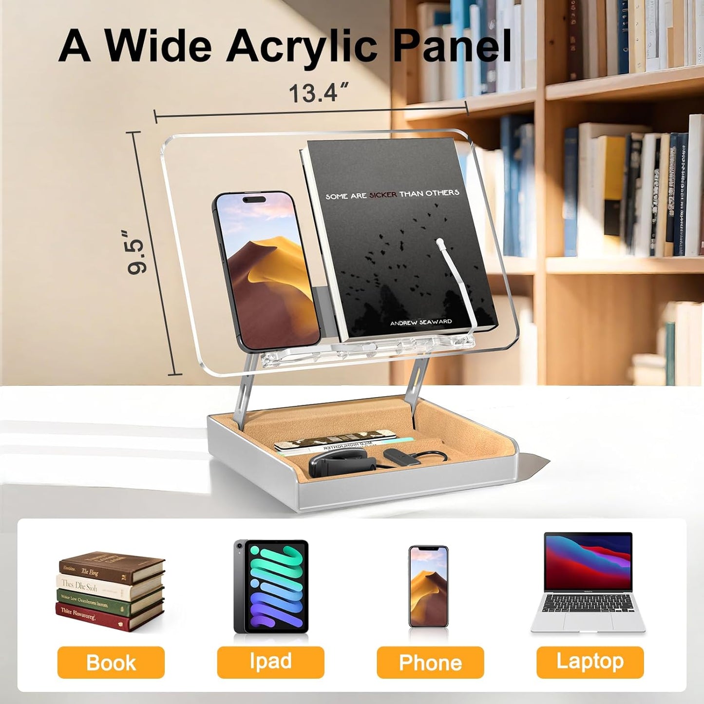 Book Stand with Storage, Book Holder for Reading Hands Free, Wooden Cookbook Stand for Kitchen Counter, Adjustable Reading Stand for Desk, Recipe Stand, Book Prop for Book Lovers (Clear)
