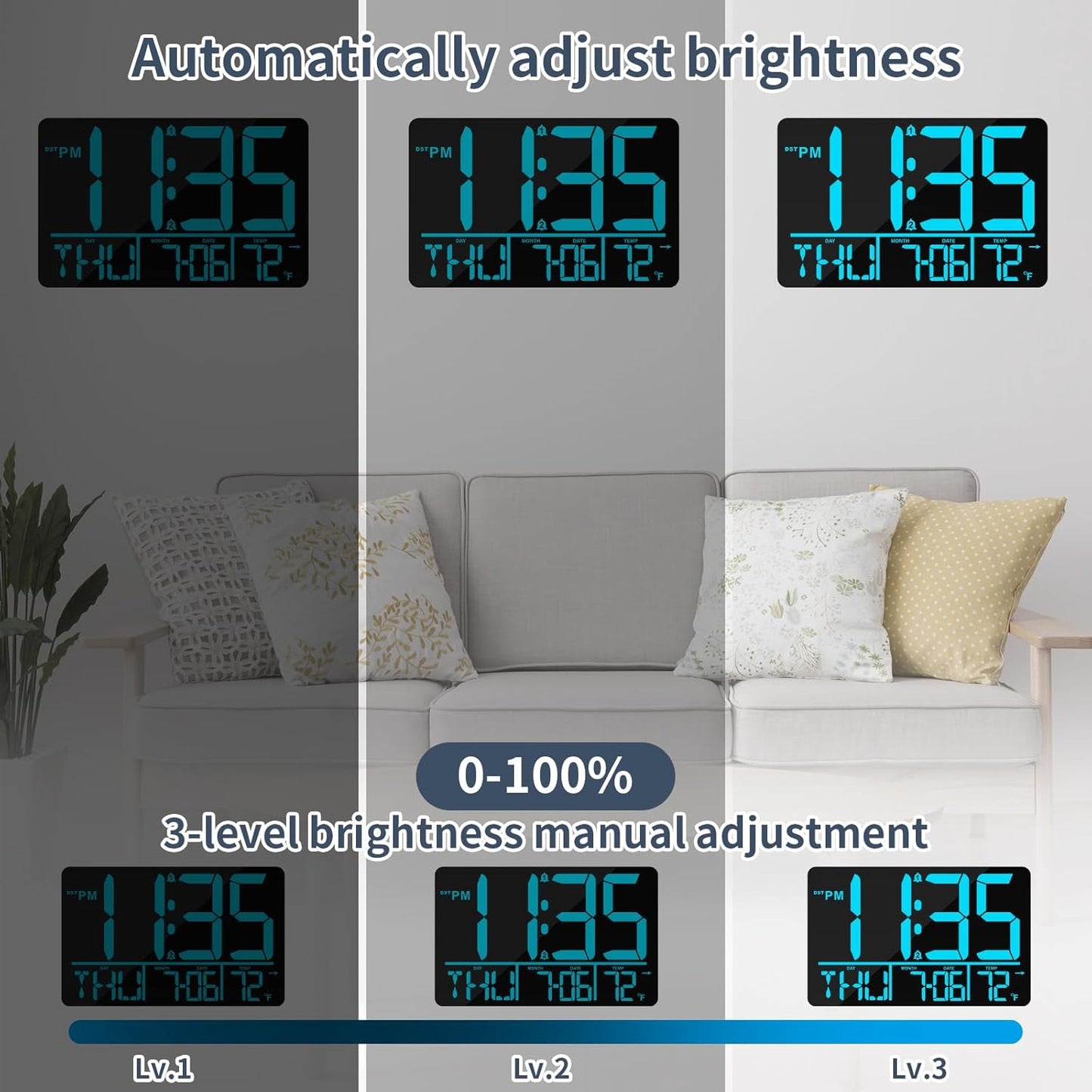 13" Digital Wall Clock Large Display with Remote, 25 Ringtones, Temperature, Calendar, 0-100% Auto or Custom Brightness, 12/24H, DST, Timer, for Living Room, Kitchen, Bedroom, Elderly（Blue）