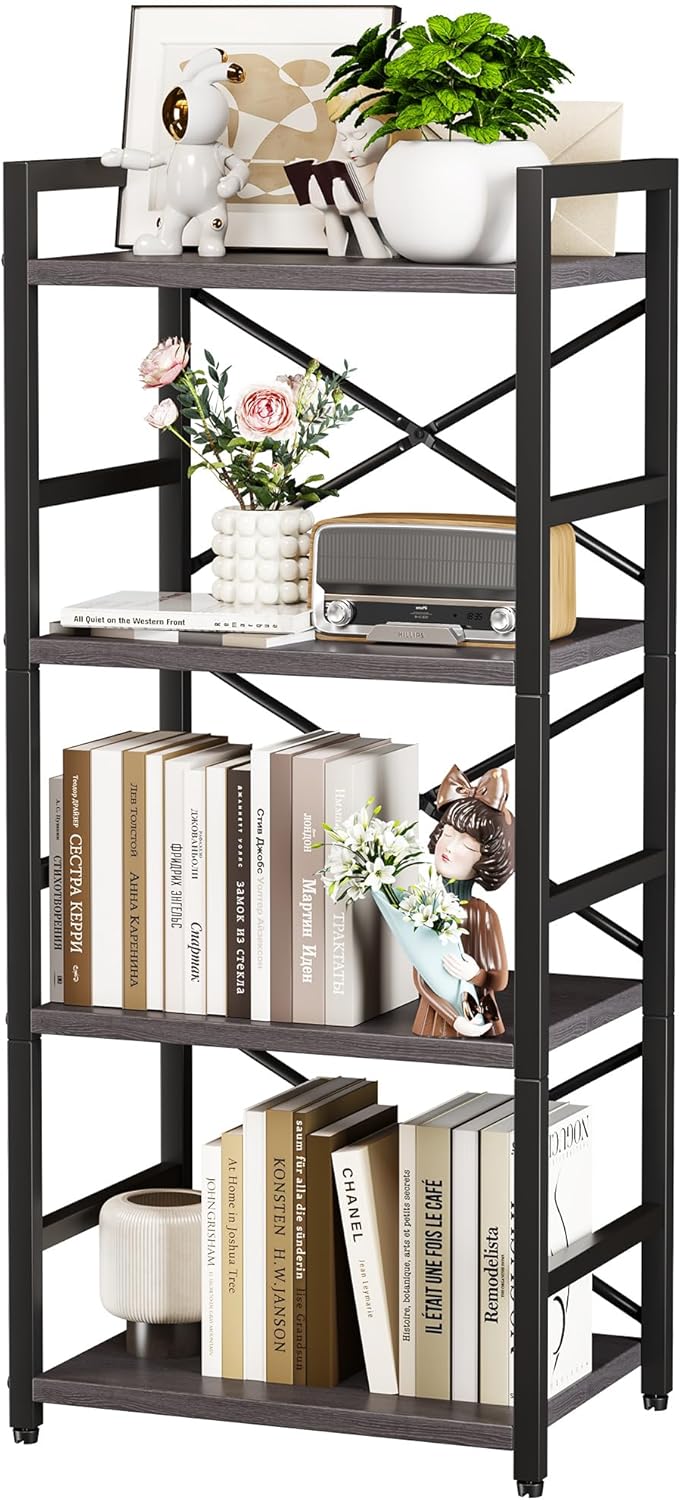 Homeiju Grey Bookshelf, 4 Tier Small Bookcase for CD/Movie/Book, Book Shelf Organization and Storage for Bedroom, Kid's Room, and Home Furniture (Grey)