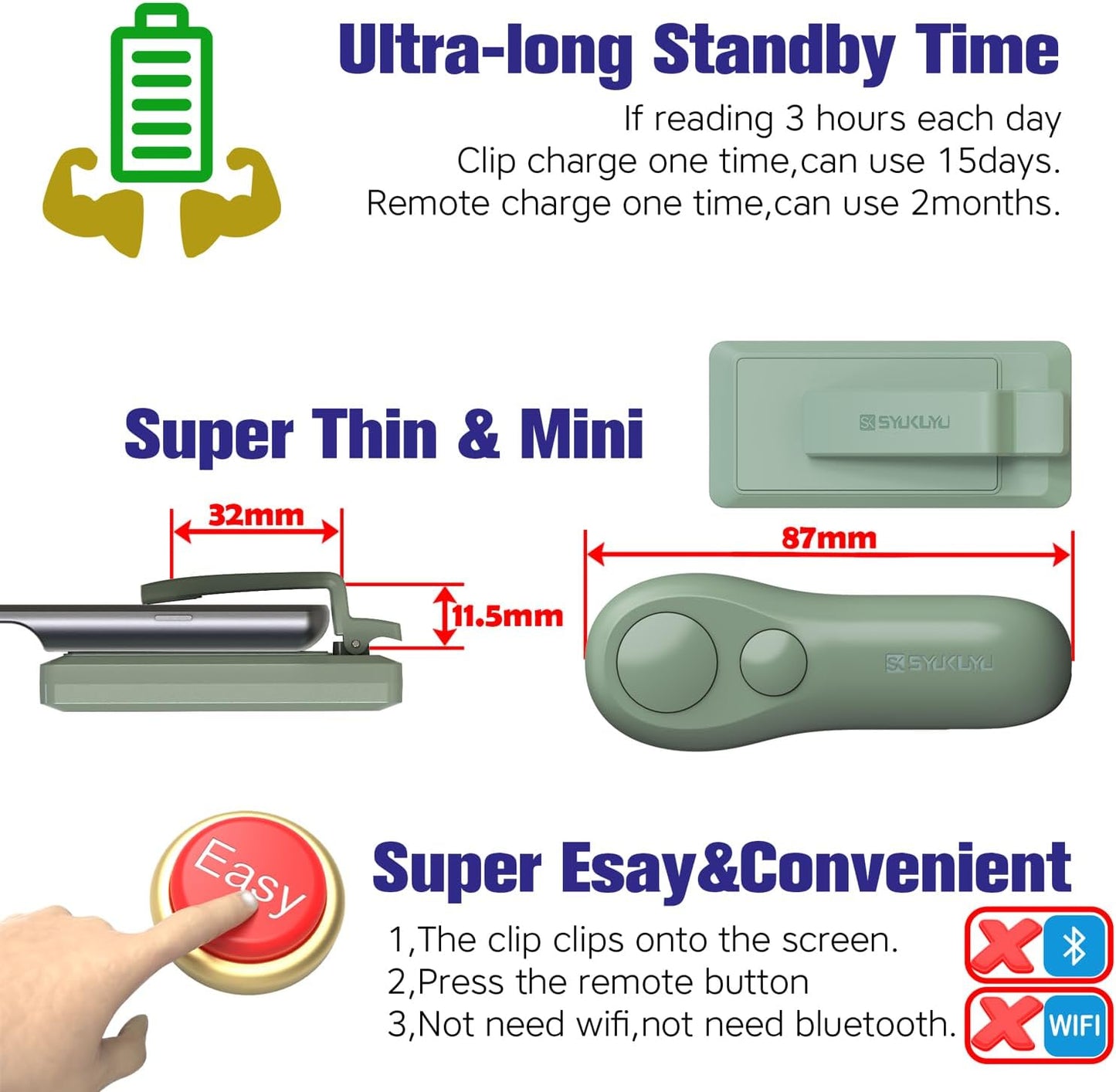 SK SYUKUYU RF Remote Control Page Turner for Kindle Reading Ipad Surface Comics, iPhone Android Tablets Reading Novels Taking Photos(Green)