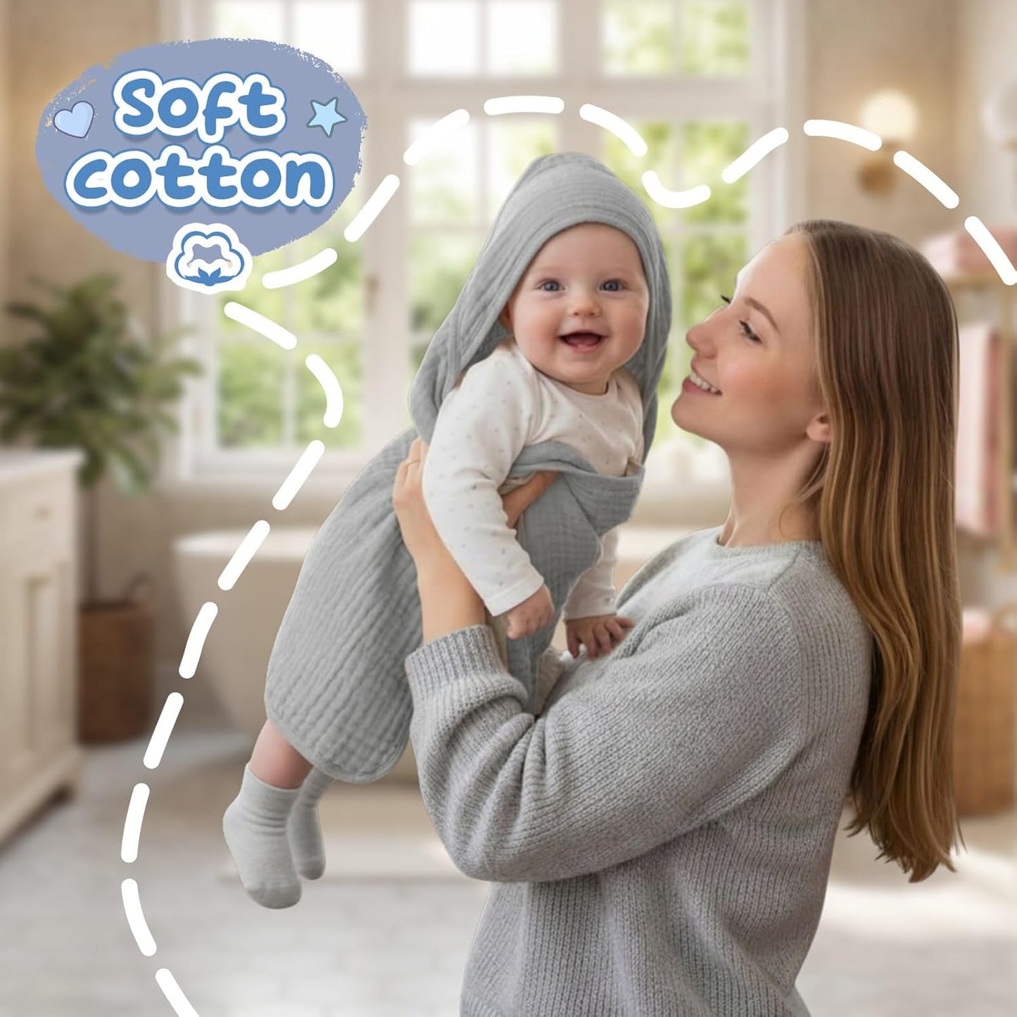 Breling 3 Pcs Muslin Hooded Baby Towels, 32 x 32 Inch Cotton Newborn Bath Towel Muslin Infant Baby Absorbent Blankets Unisex Newborn Registry Gift Essentials for Boys Girls (Light Gray)