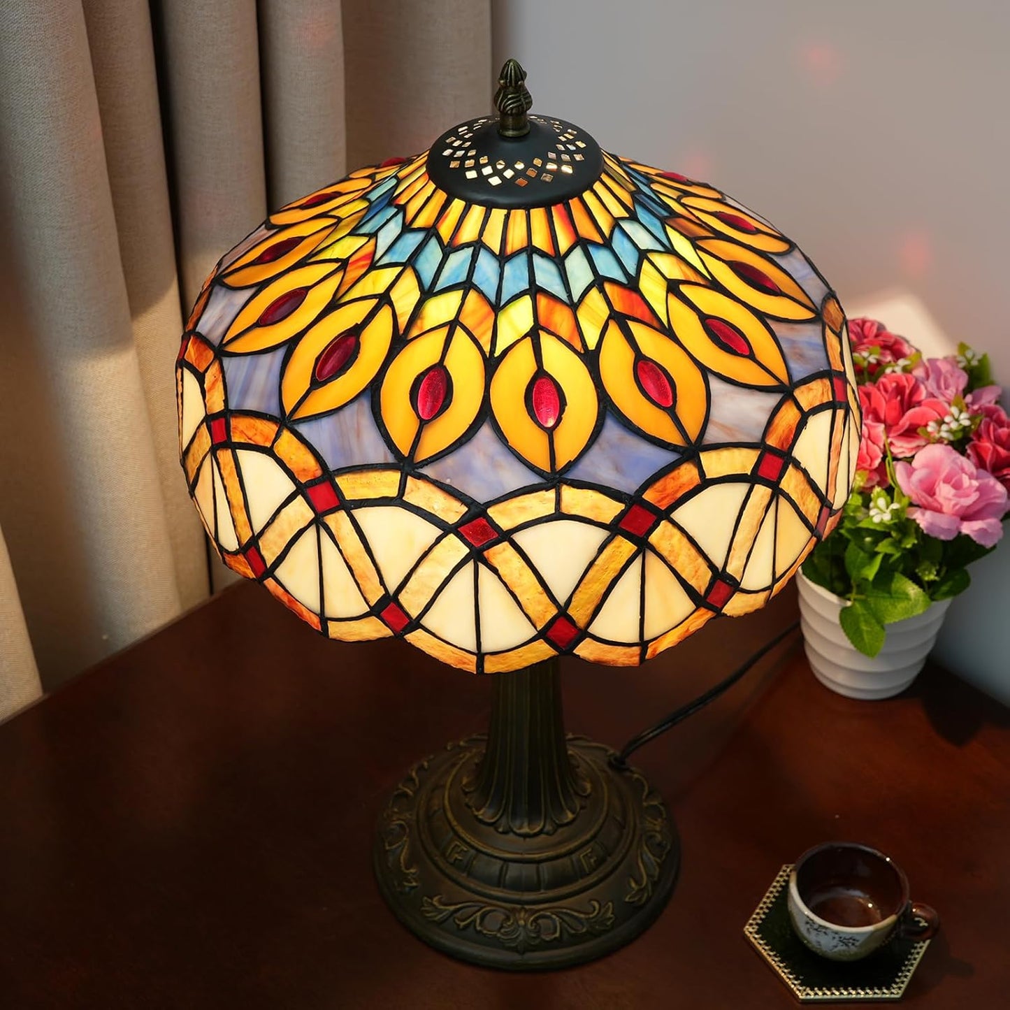 Yellow Peacock Tail Tiffany Table Lamp 12 inch Stained Glass Desk Lamp Vintage Reading Light for Living Room Bedroom Wedding Room Home Office Antique Decorative Light
