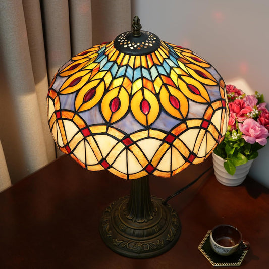 Yellow Peacock Tail Tiffany Table Lamp 12 inch Stained Glass Desk Lamp Vintage Reading Light for Living Room Bedroom Wedding Room Home Office Antique Decorative Light
