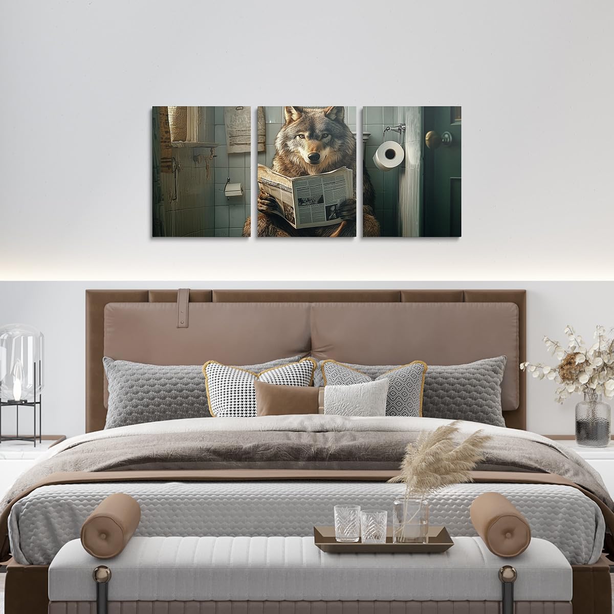 Erosebridal Funny Wolf Bathroom Canvas Wall Art Black And White Animal Reading In Toilet Aesthetic Poster Prints Vintage Cute Animal Print Painting Modern Farmhouse Wall Decor 12"X 16"X 3Pcs