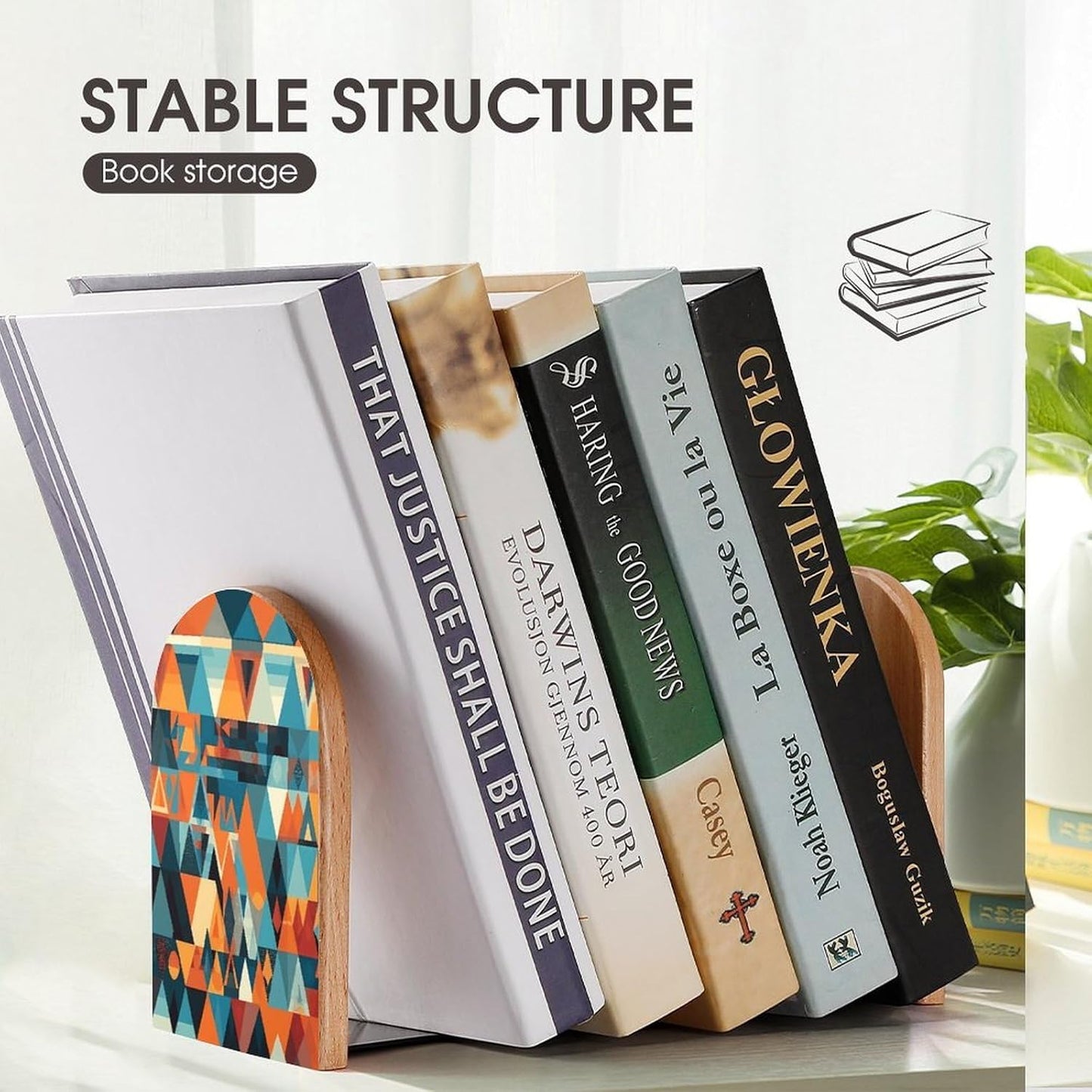 Colorful Geometric Shapes Bookends 1 Pair Heavy Duty Book Ends for Shelves Non-Skid Bookend Supports Wooden Book Holders with Metal Base Desk Organizers Books Storage to Hold Books