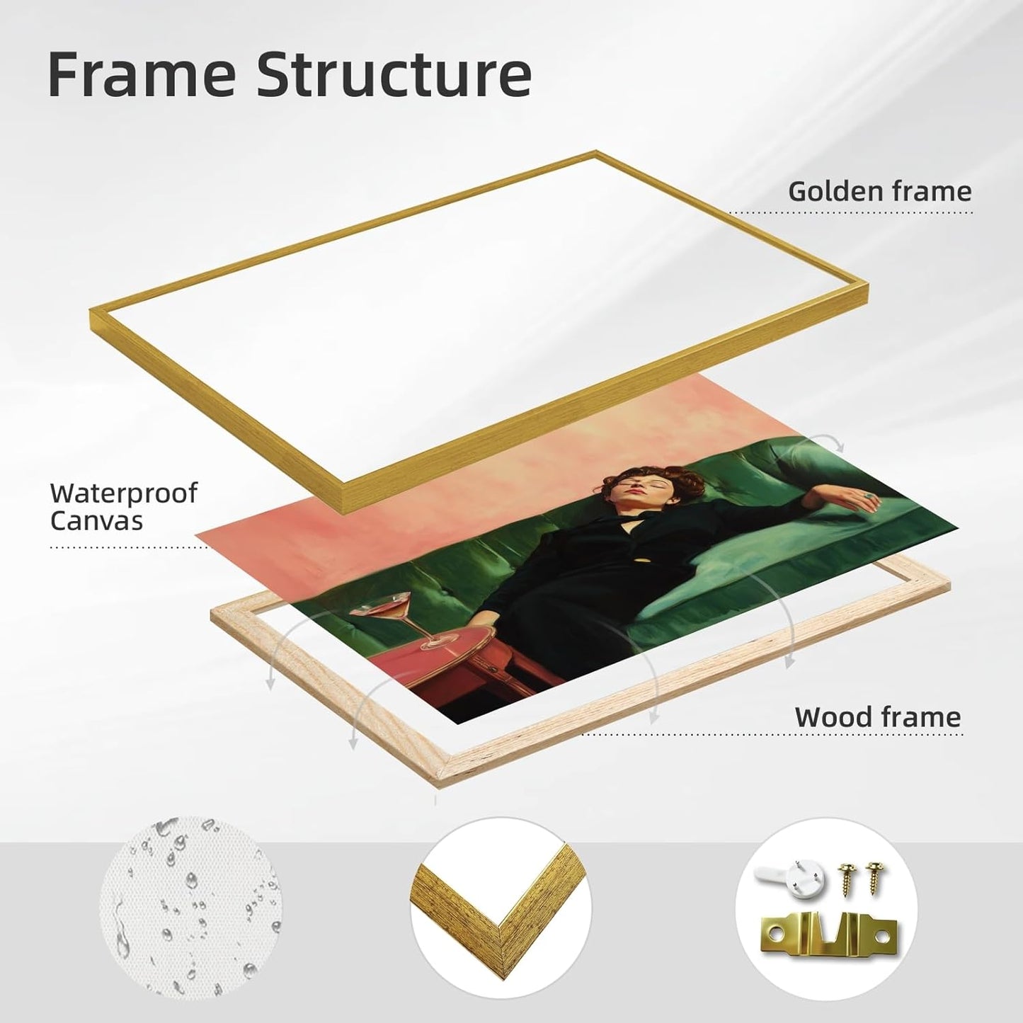 Woman Drinking Glass of Martini Wall Art Print Woman Sitting on The Green Sofa Painting Pictures Retro Female Portrait Poster Trendy Cocktail Alcohol Artwork for Kitchen Bar 8x12inch Golden frame
