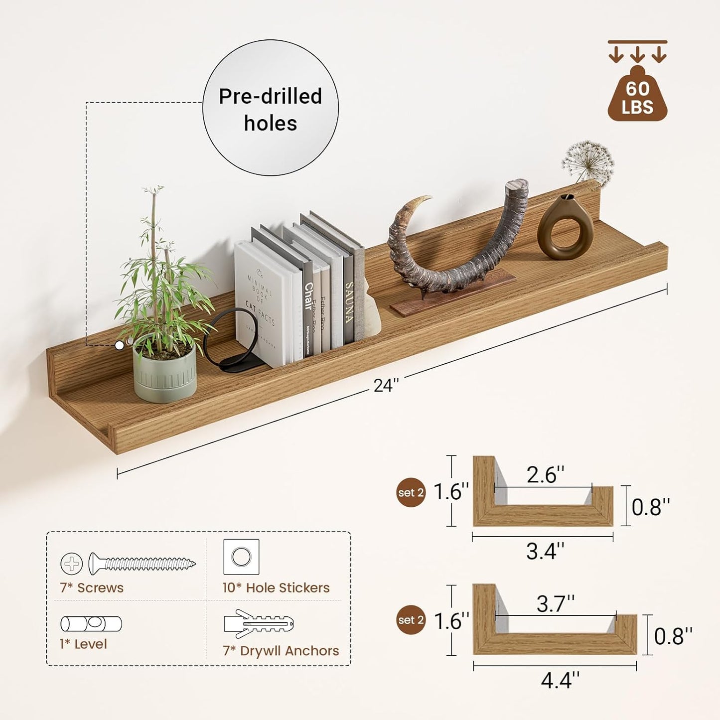 Heimlove Picture Ledge Shelf,24 inch Long Floating Shelves for Wall Set of 4,Picture Shelf with Lip for Wall Decor,Living Room,Bedroom,Bookshelf,Nursery,Perfume,Oak Color