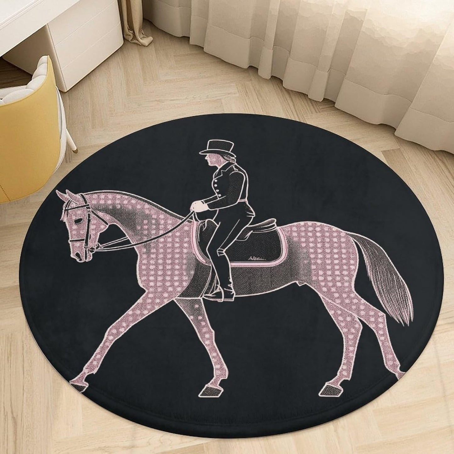Dressage Dressage Rider Horse Circle Rug Retro Luxury Coral Velvet Floor Mat Non Slip Soft Indoor Floor Carpet Comfy Thickened Area Rugs Modern Aesthetic Minimalist Carpets for Home Decor