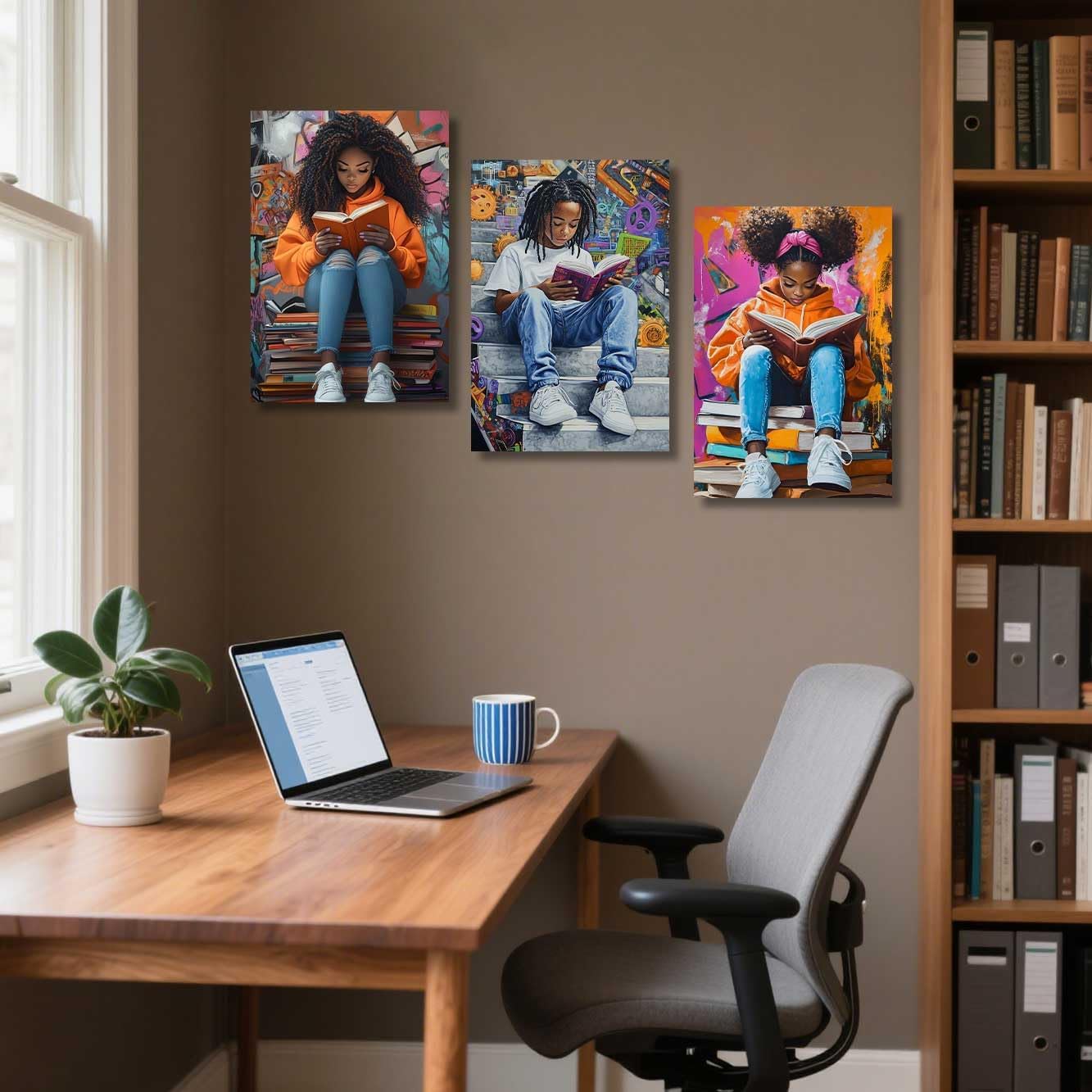 ZSHARTSWD 3 Pieces African American Wall Art Black Girl with Boy Reading Picture Black Children Canvas Print Inspiring Painting for Teen Bedroom Decor Framed (Orange, 11.00" x 14.00" x 3PCS)